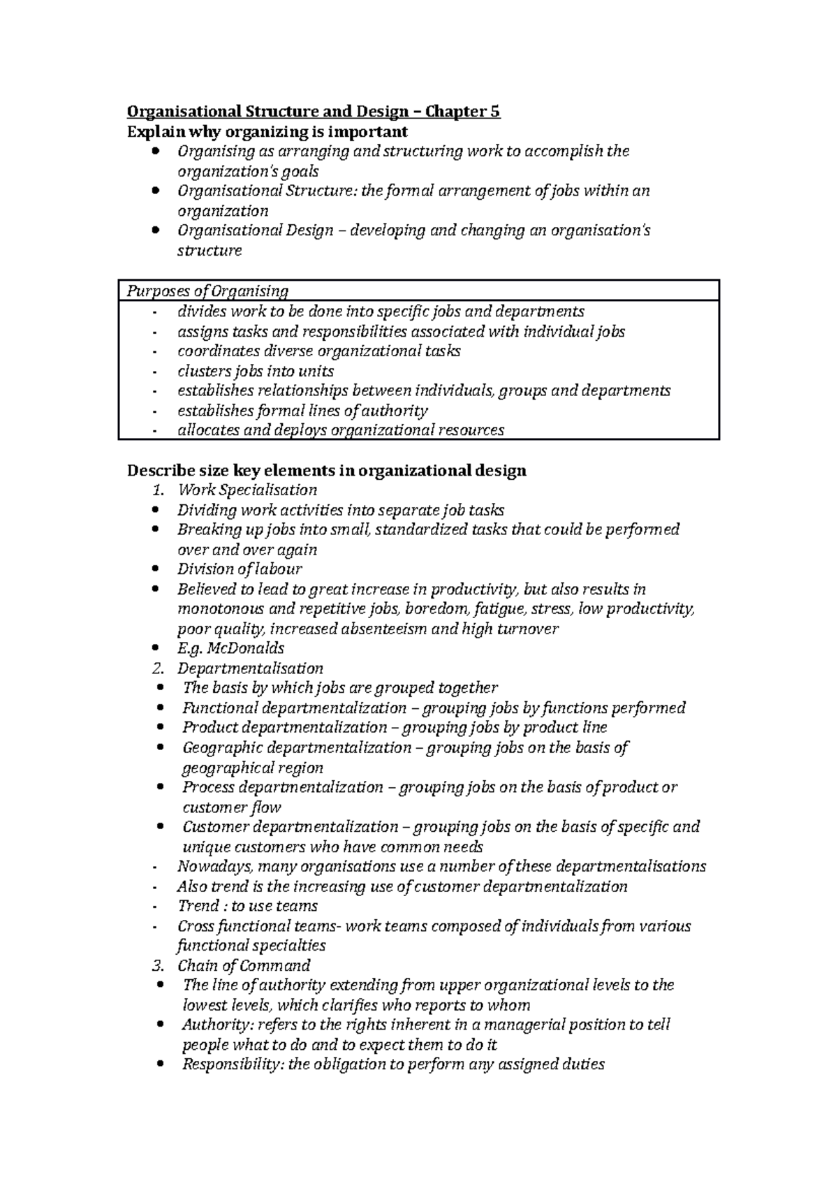 Chapter 5 Notes - Organisational Structure and Design – Chapter 5 ...