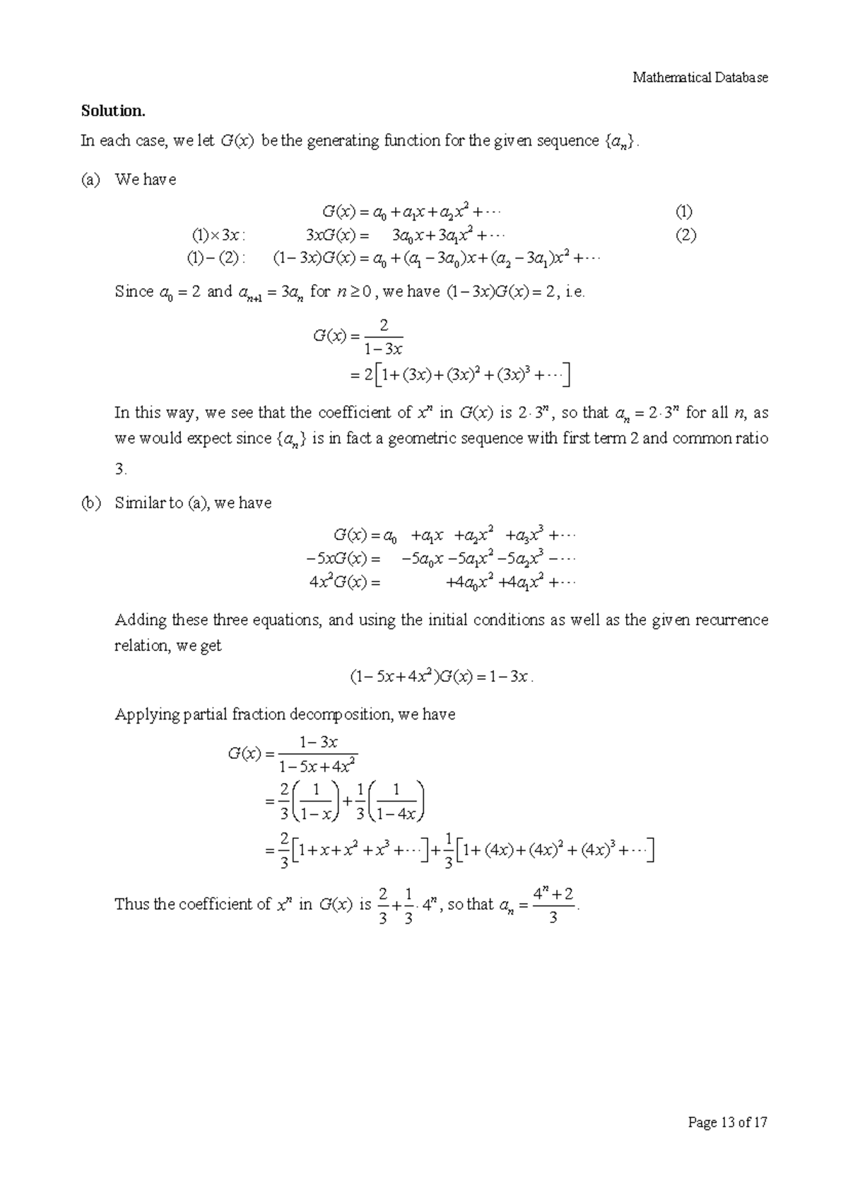 Generating function part 3 - Solution. In each case, we let G x( ) be ...