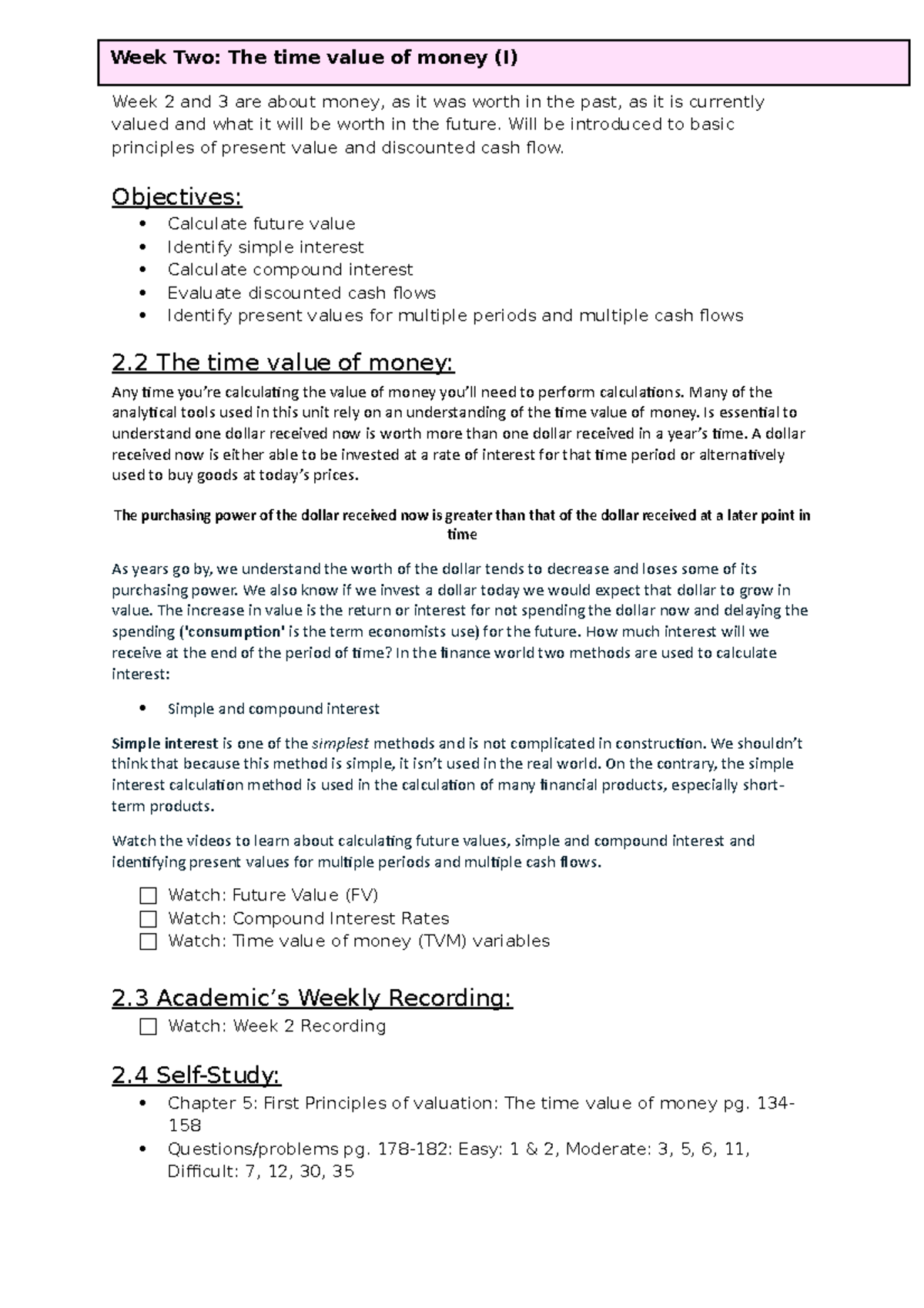 FIN2001 4 Week 2- Summary - Week 2 and 3 are about money, as it was ...