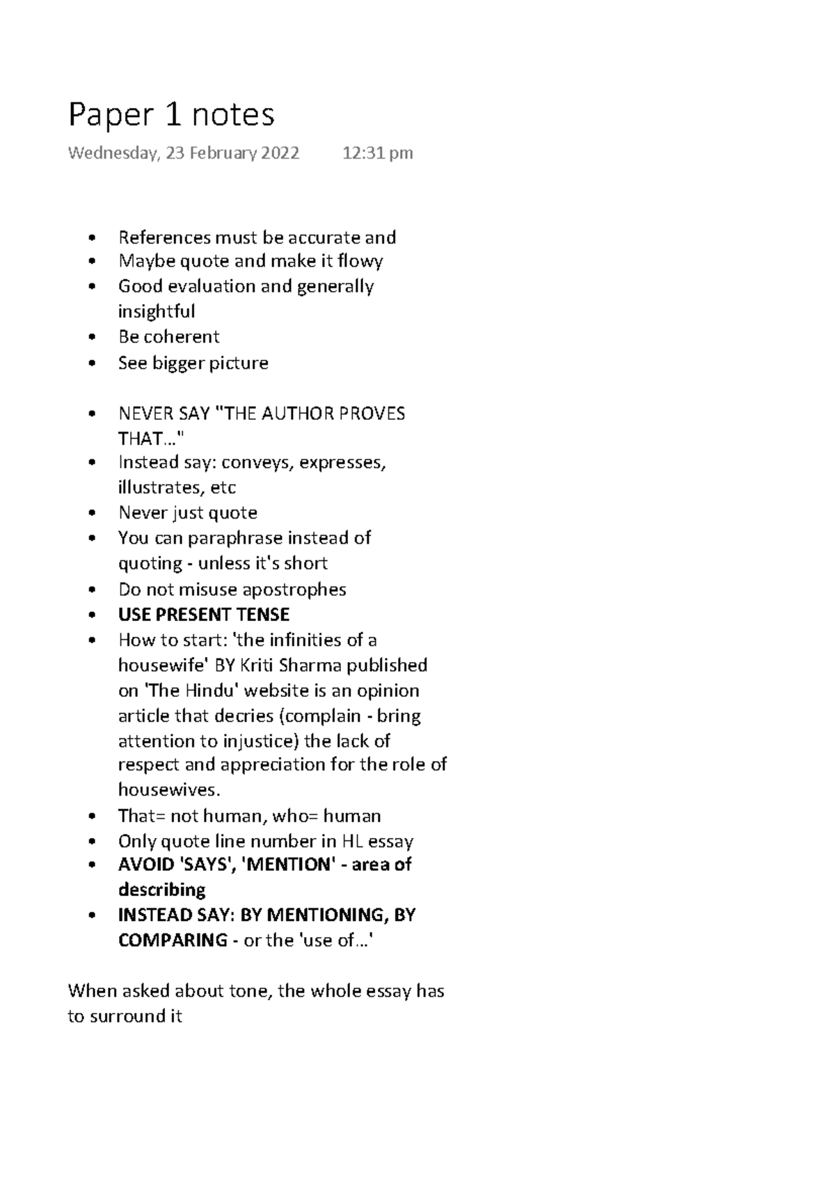 Paper 1 notes References must be accurate and Maybe quote and make it flowy Good evaluation