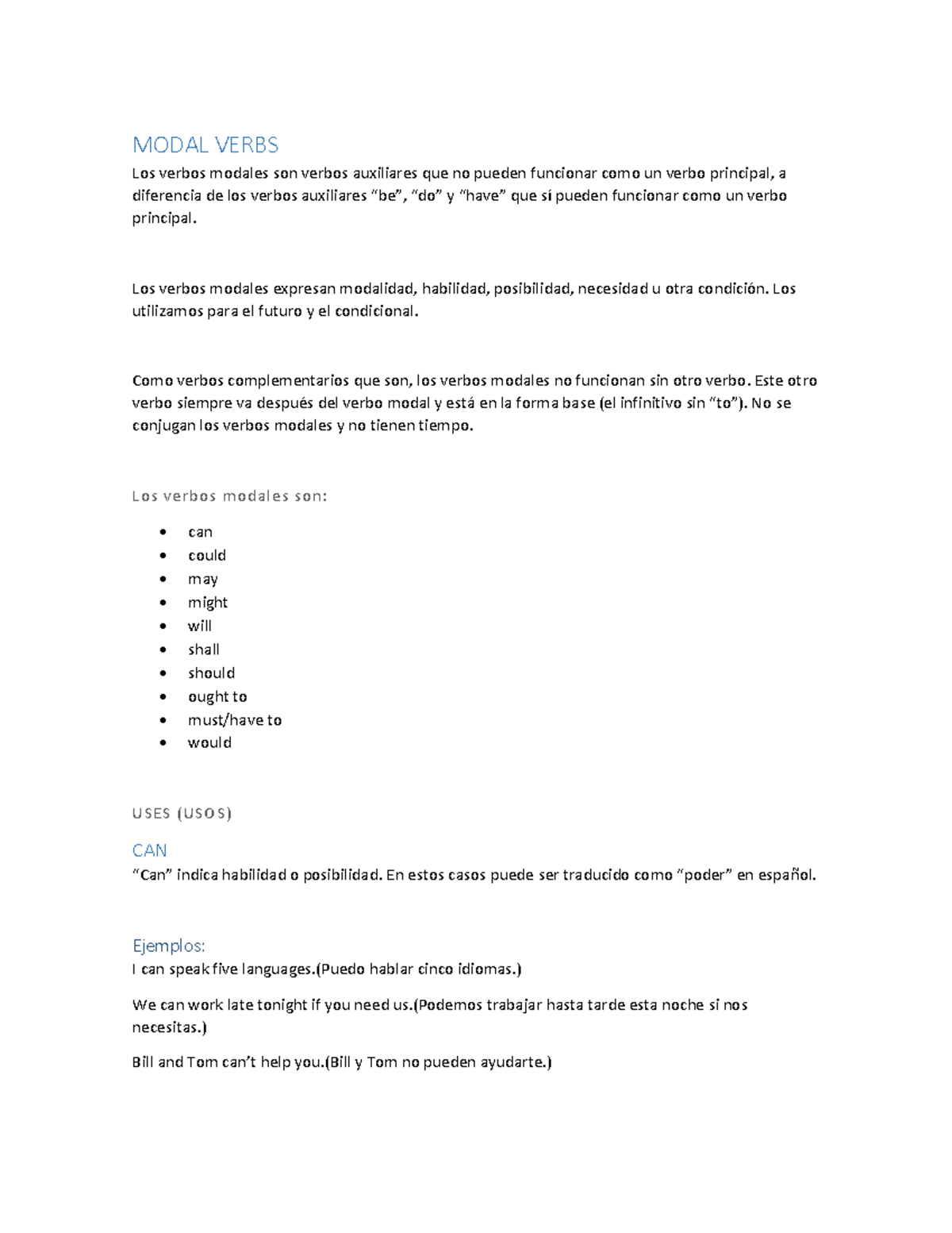 Modal Verbs TEMA DE ESTUDIO EN INGLES - MODAL VERBS Los verbos modales ...