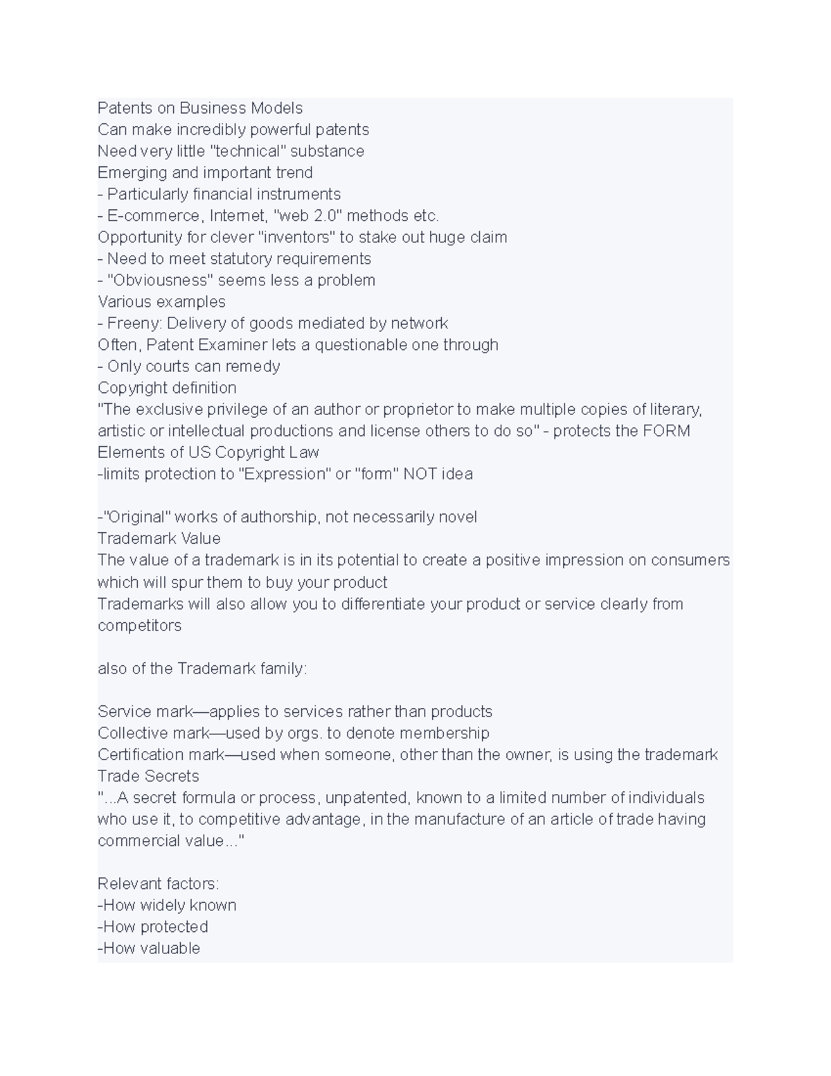 Busi 310 (48) - lecture notes - Patents on Business Models Can make ...