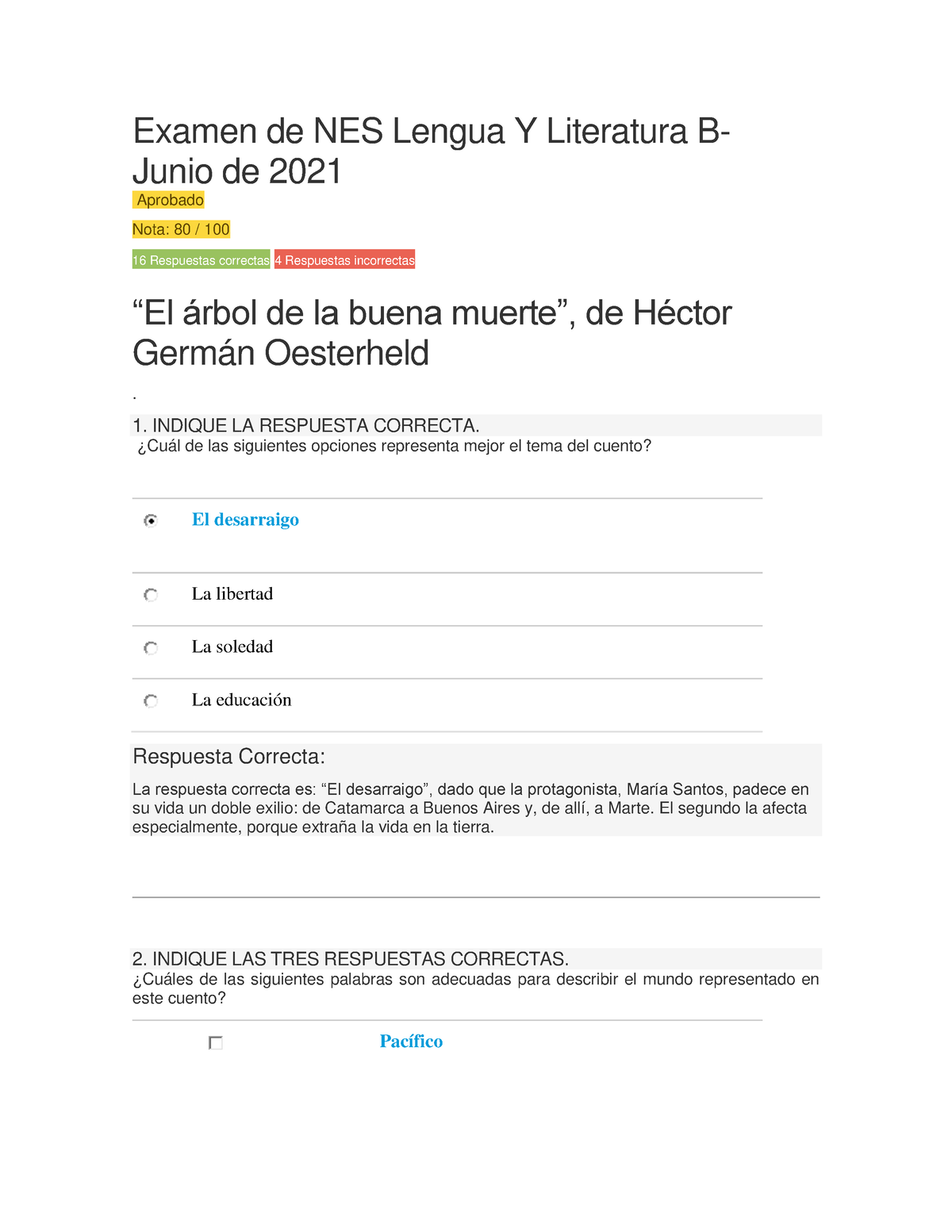 Examen De NES Lengua Y Literatura B - 1. INDIQUE LA RESPUESTA CORRECTA ...