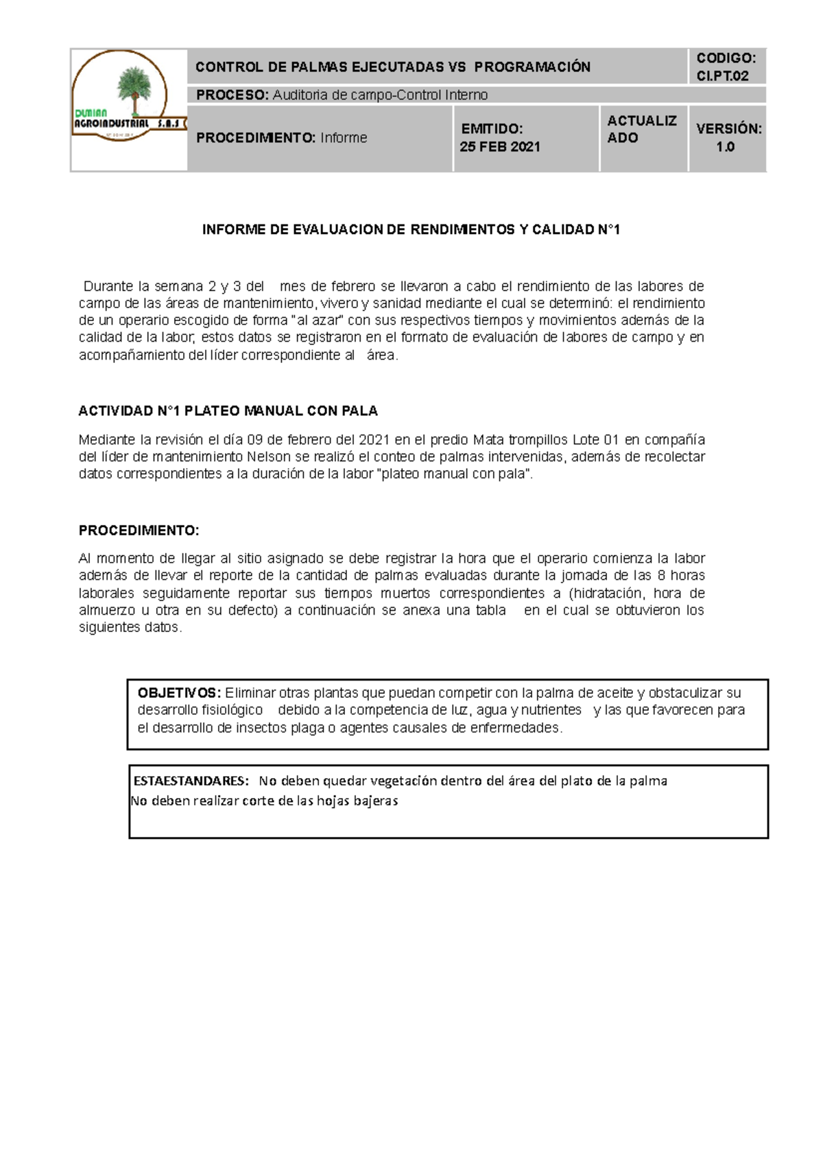 Informe De Evaluacion De Rendimientos Y Calidad N Ci Proceso Auditoria De Campo Control 5003