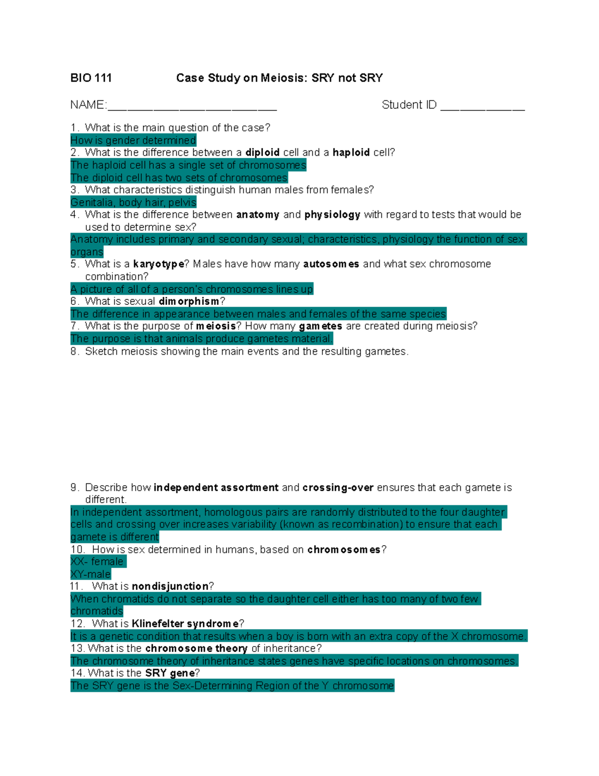 case study on meiosis sry not sry quizlet