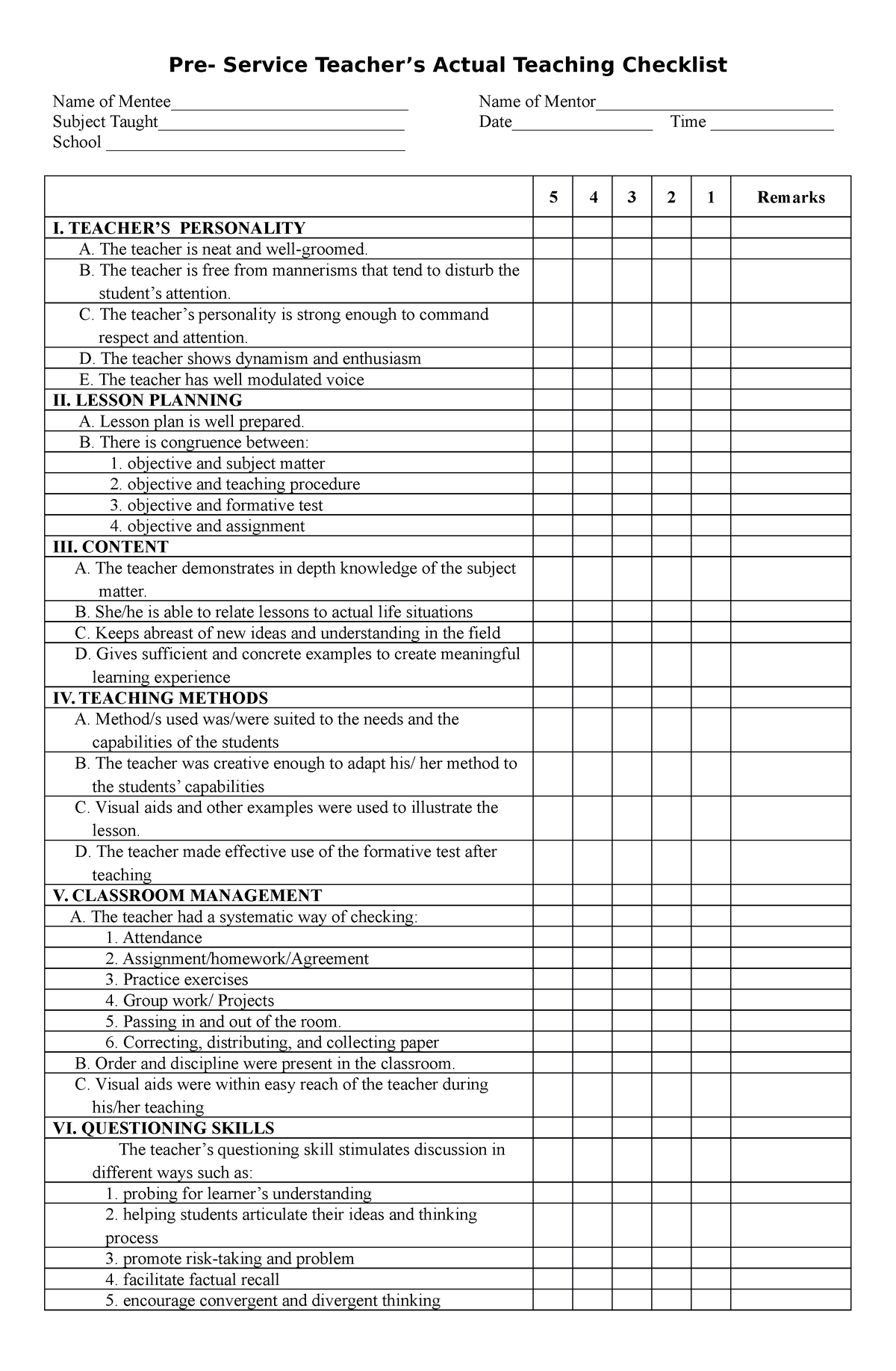Pre-service-teacher-actual-teaching-checklist compress - Pre- Service ...