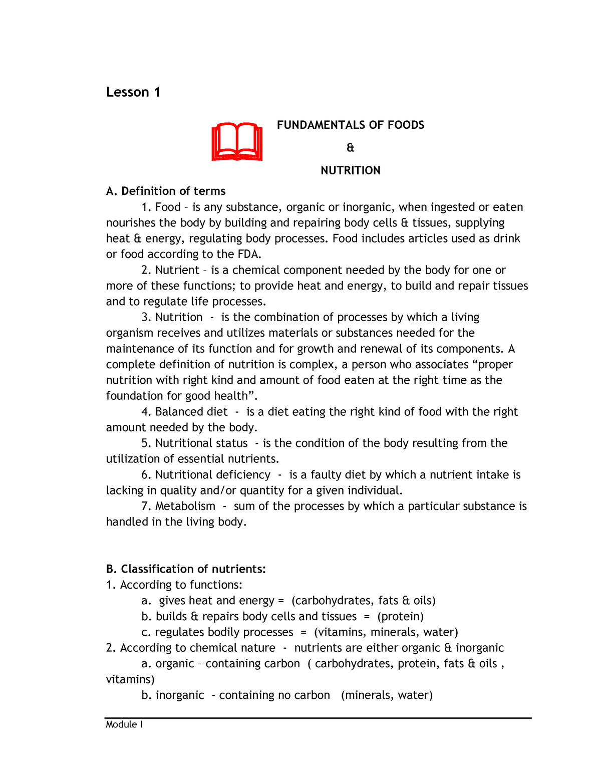 Fundamentals OF Foods AND Nutrition - Module I Lesson 1 A. Definition ...