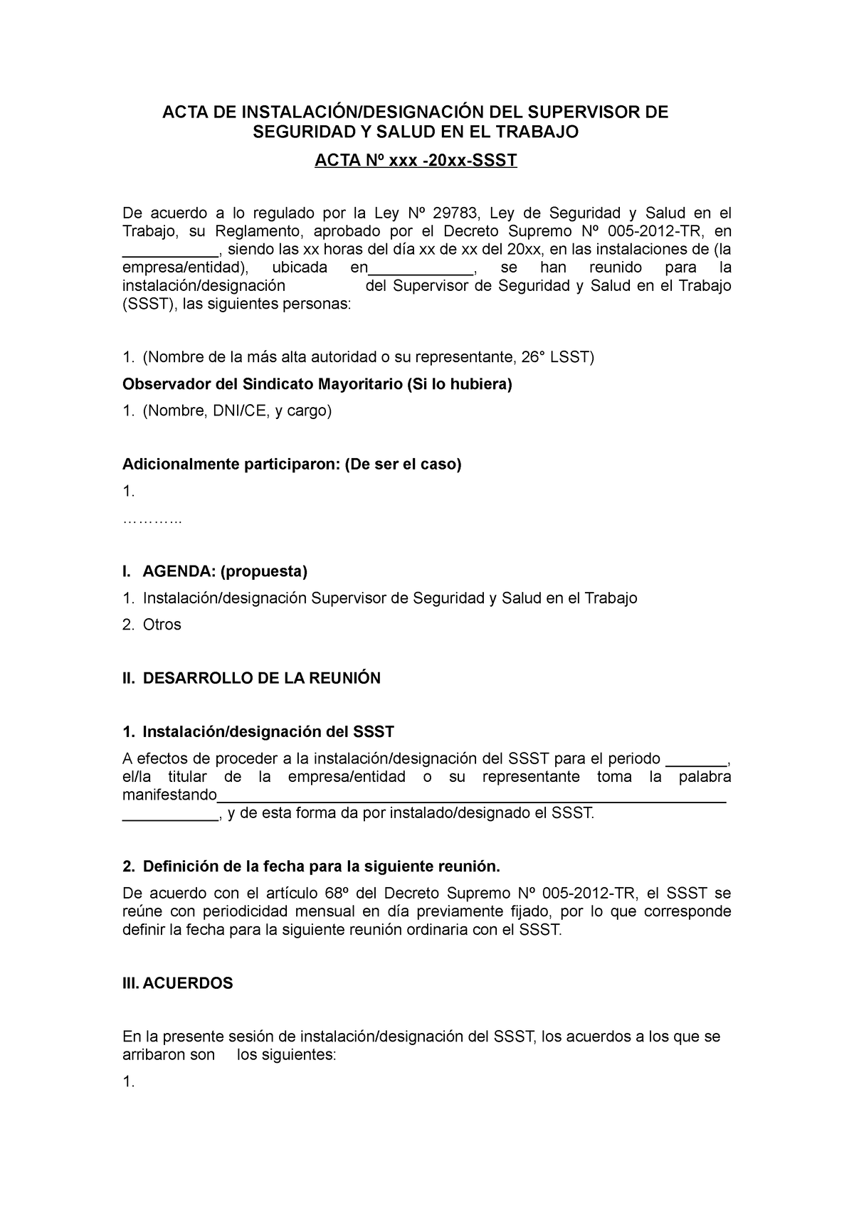 Modelo De Acta De Supervisor De Seguridad Y Salud En El Trabajo Acta