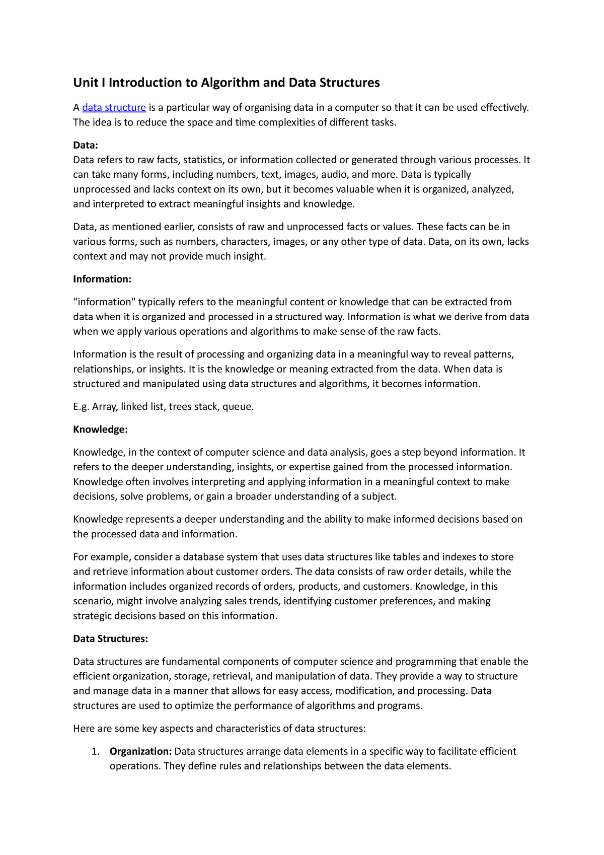 DS Unit1 - Unit I Introduction To Algorithm And Data Structures A Data ...