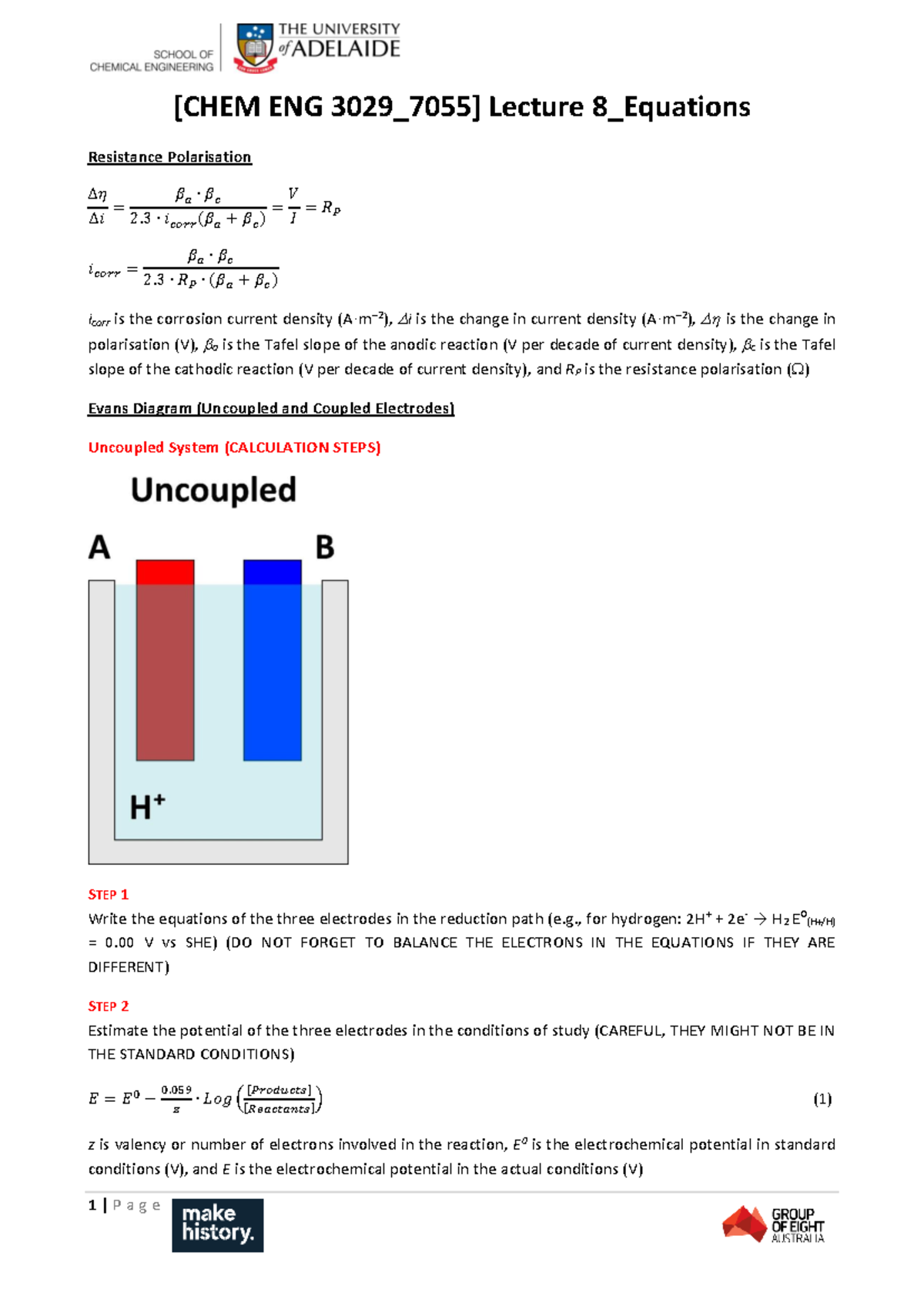 [ CHEM ENG 3029 7055] Lecture 8 Equations (2024) - [CHEM ENG 3029_7055 ...