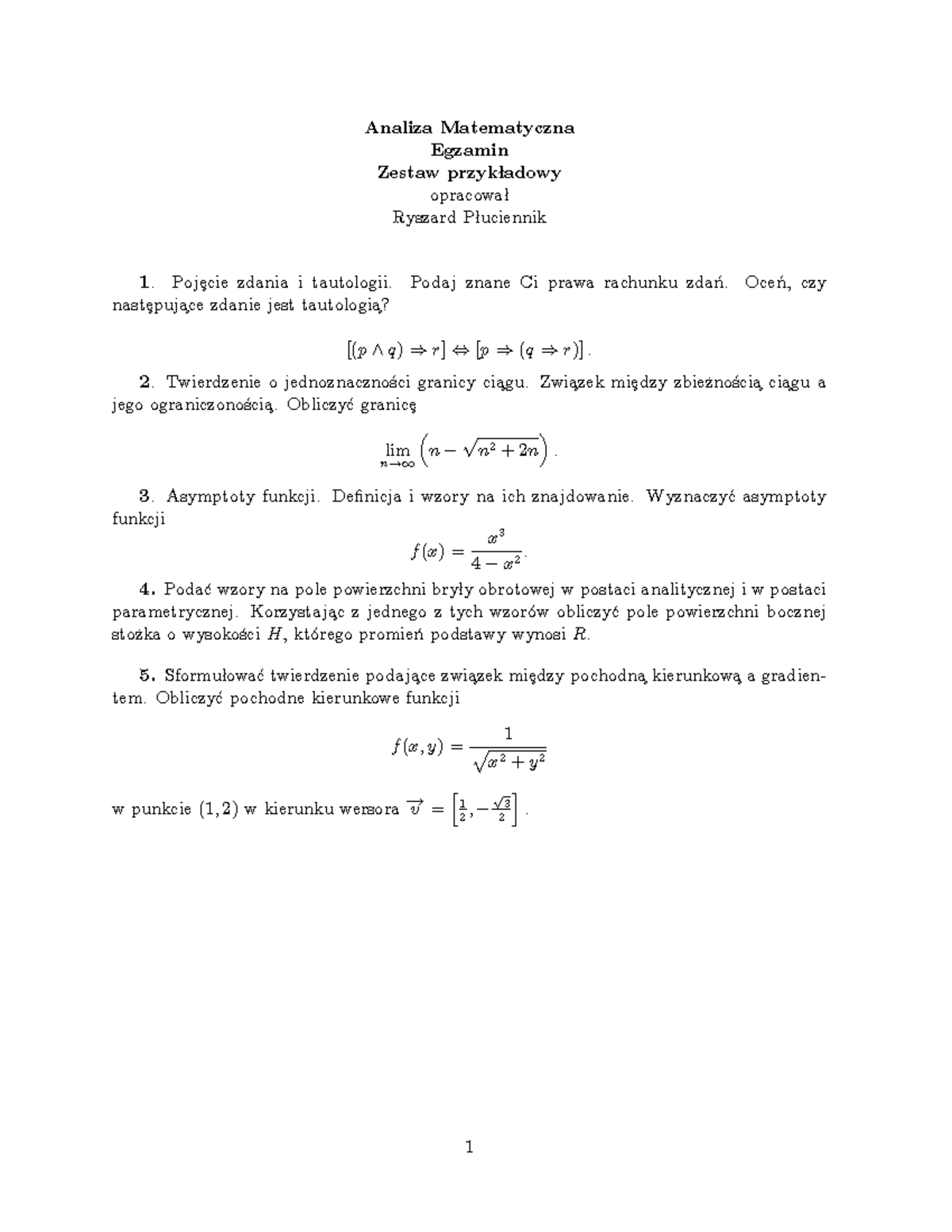 Prezentacja Analia Matematyczna - Analiza Matematyczna Egzamin Zestaw ...