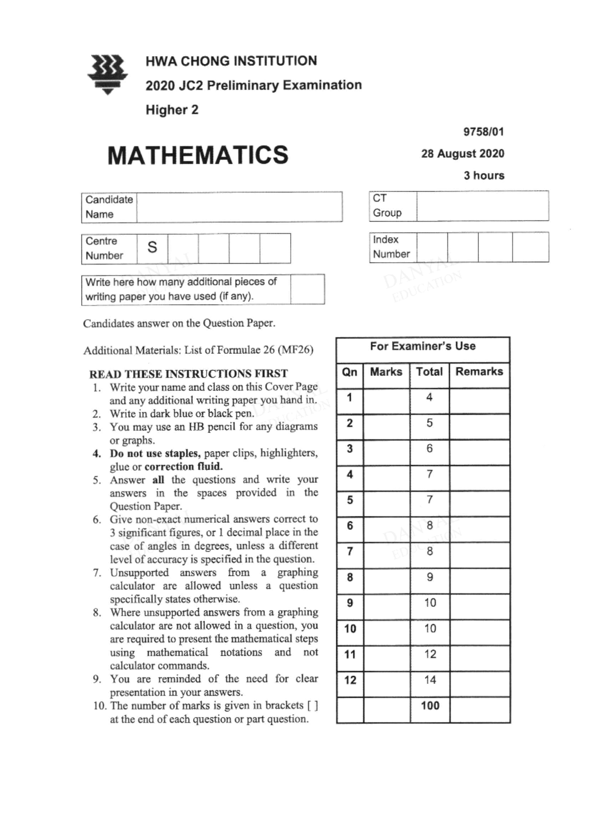 A Level H2 Math Hwa Chong Institution JC2 Prelim 2020i - 3t HWA CHONG ...