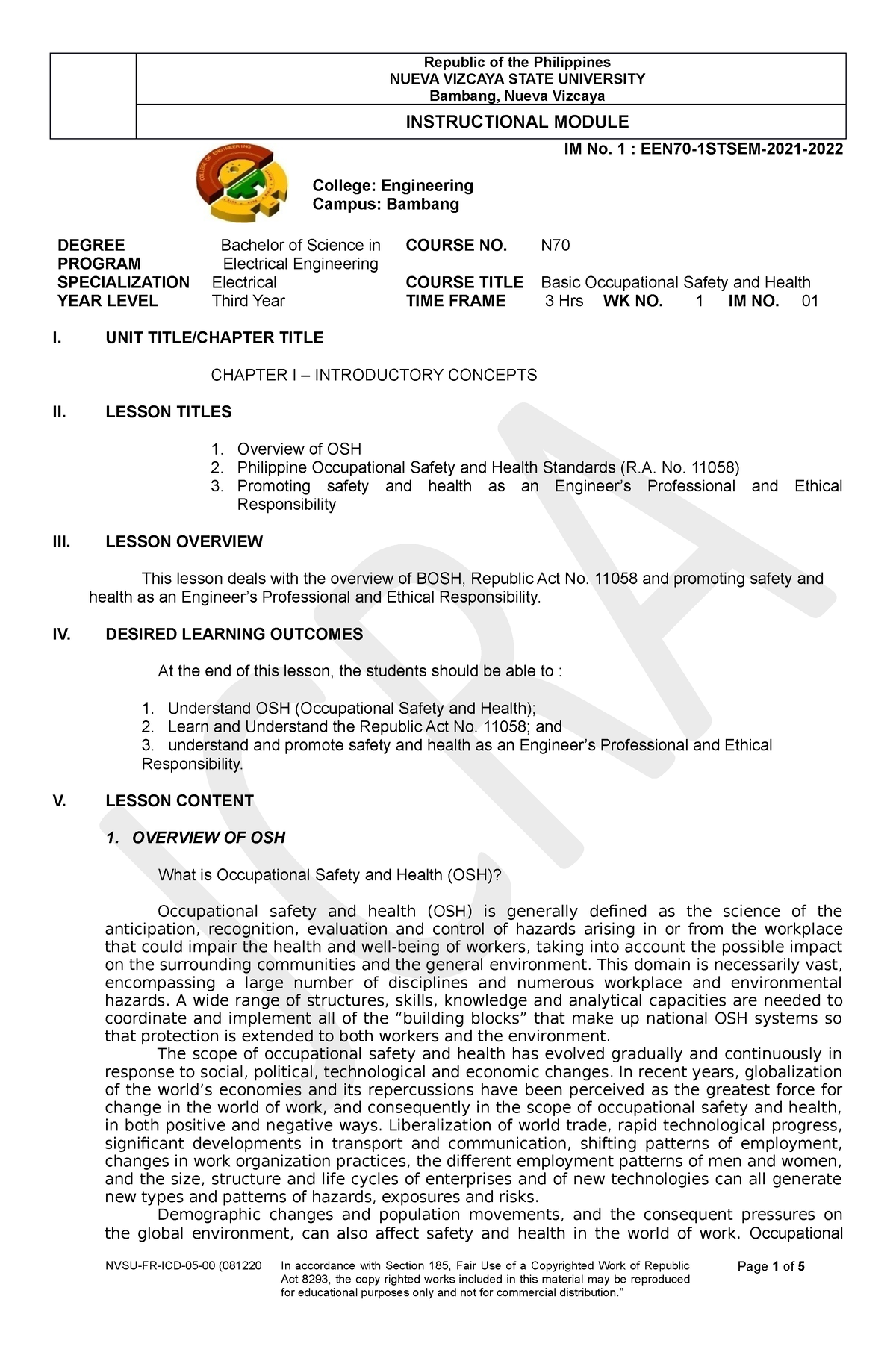 Module BOSH Chapter 1 - INTRODUCTORY CONCEPTS Of Basic Occupational ...