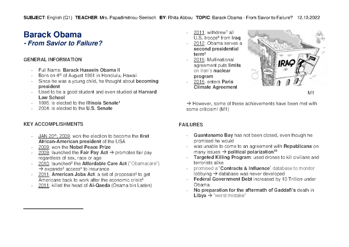 Handout Barack Obama - From saviour to failure - SUBJECT: English (Q1 ...
