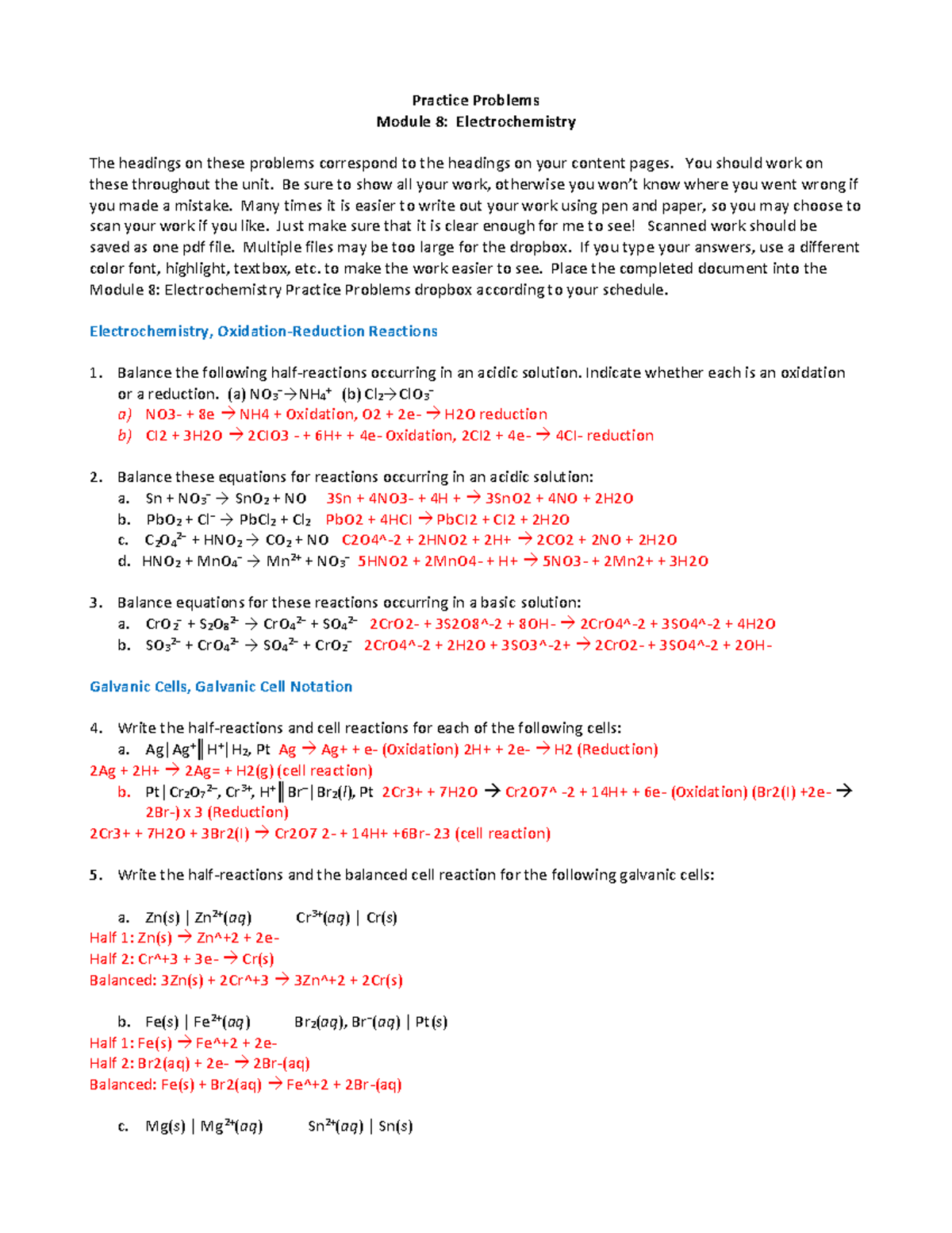 Chem Practice Problems - Practice Problems Module 8: Electrochemistry ...