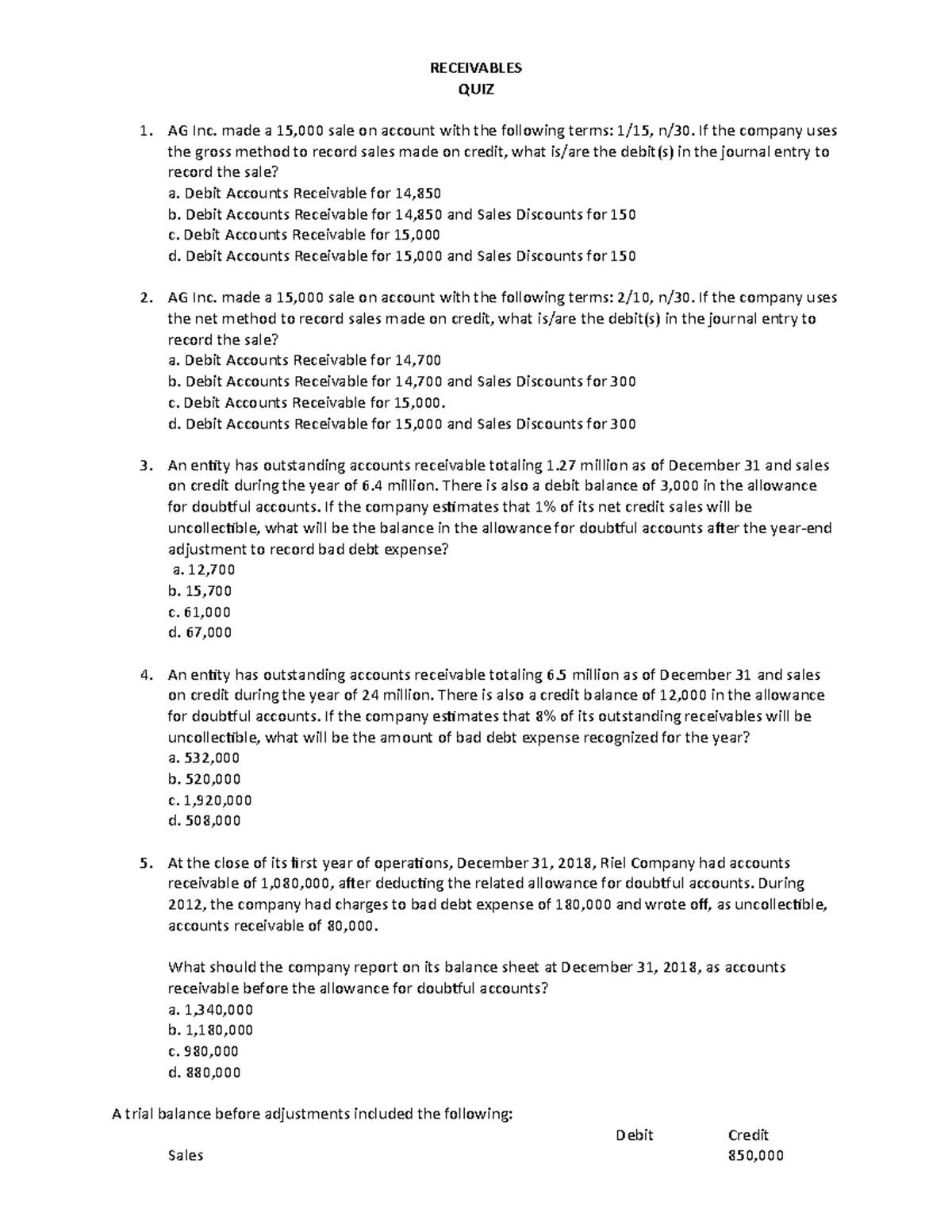 Scribd - quiz-receivables.pdf - RECEIVABLES QUIZ AG Inc. made a 15,000 ...