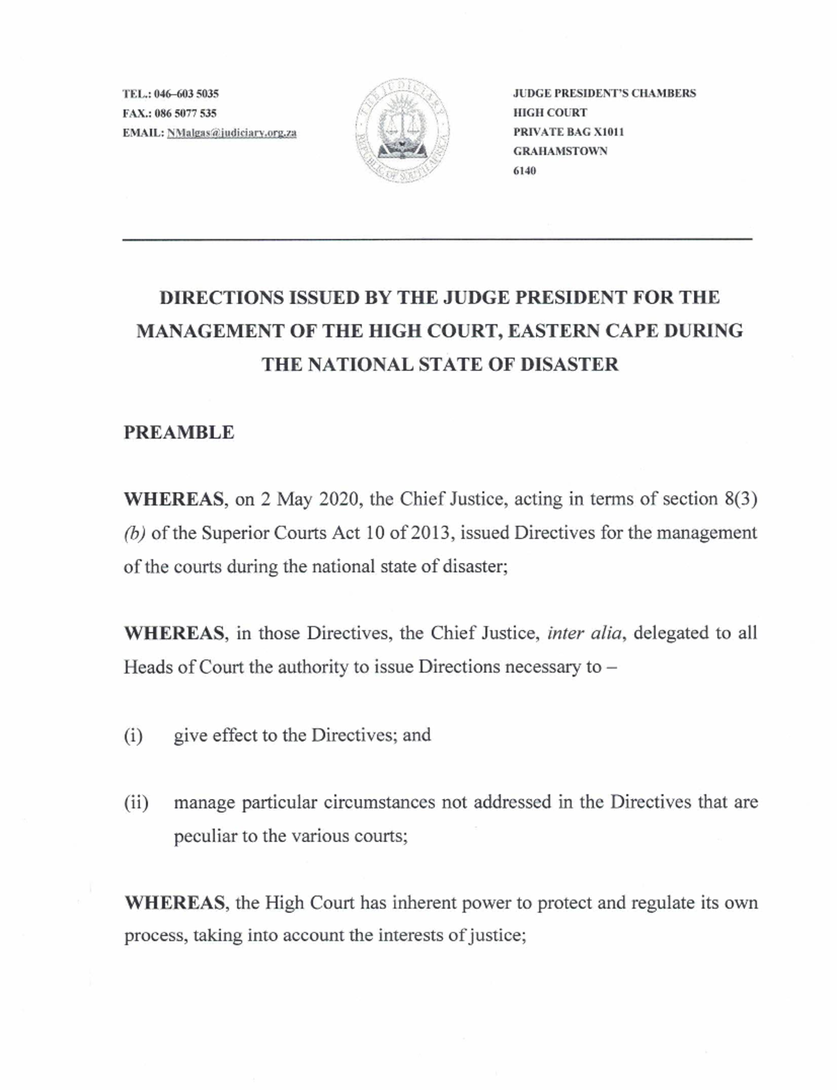 Directions Issued by the Judge President for the Management of the High