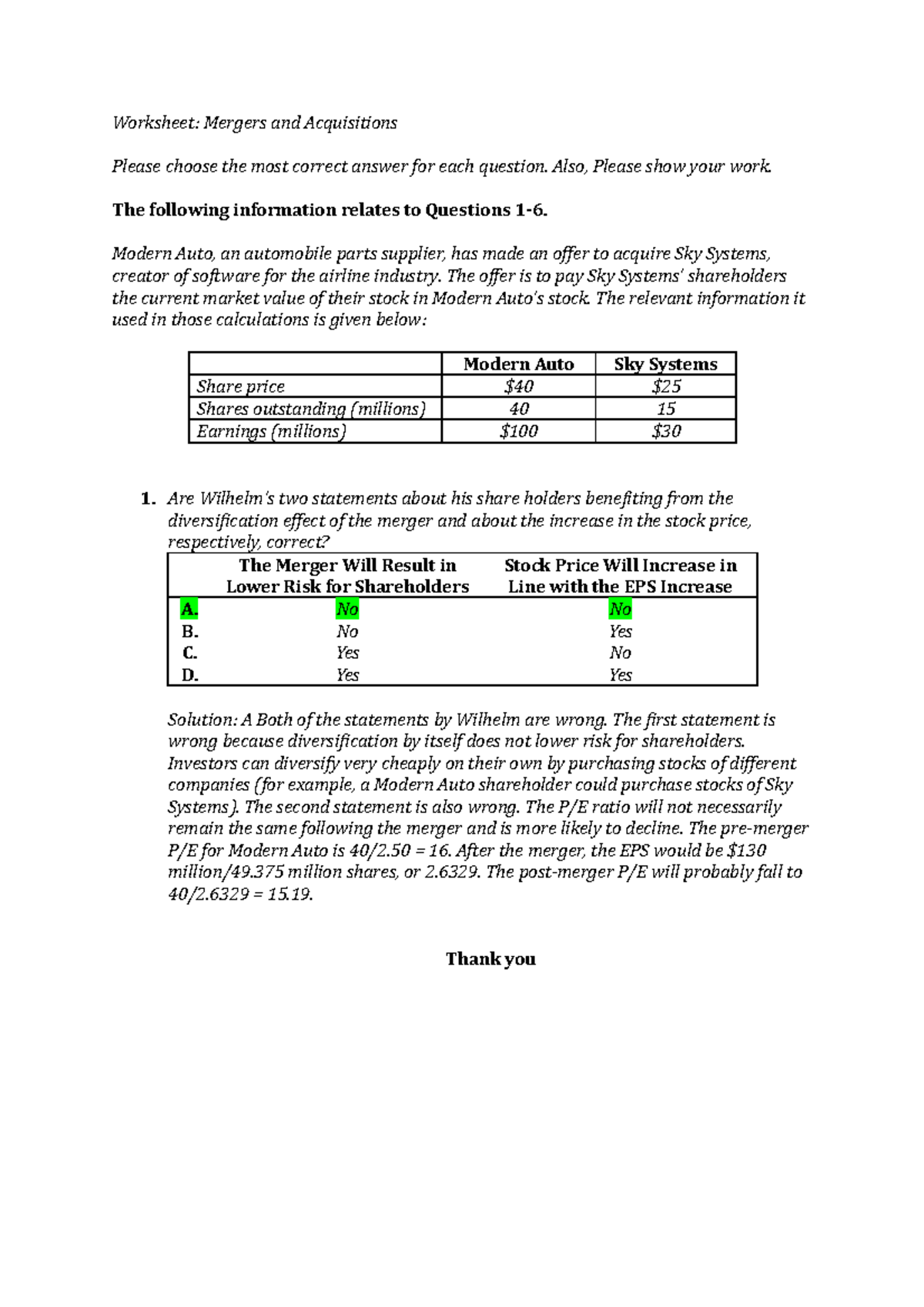 Solution Class assignment Mergers Acquisitions Solution Q3 - Worksheet ...