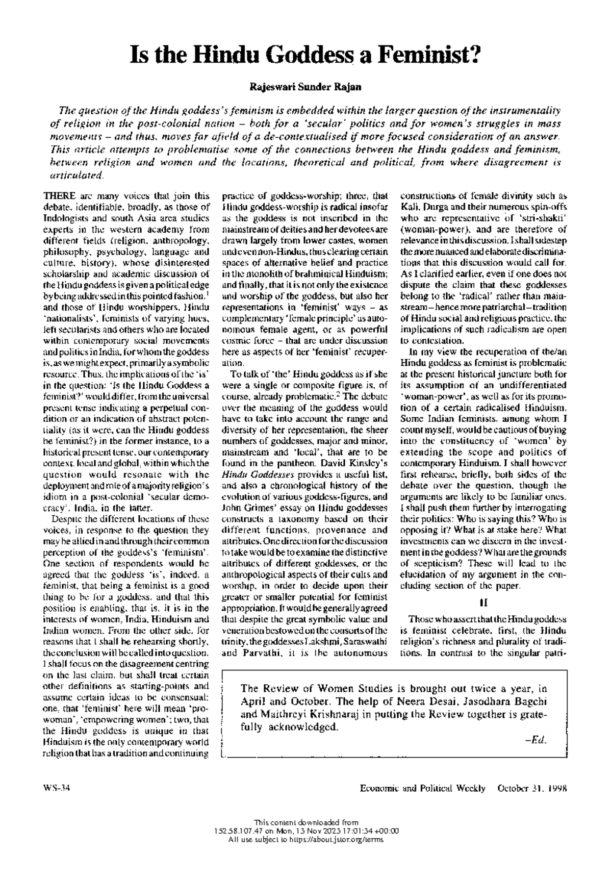 Is the Hindu Gooddess a Feminist - Reading - Is the Hindu Goddess a ...