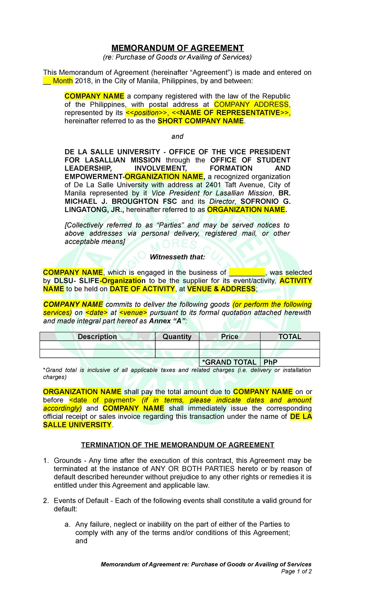 Memorandum Of Agreement Purchasing MEMORANDUM OF AGREEMENT re 