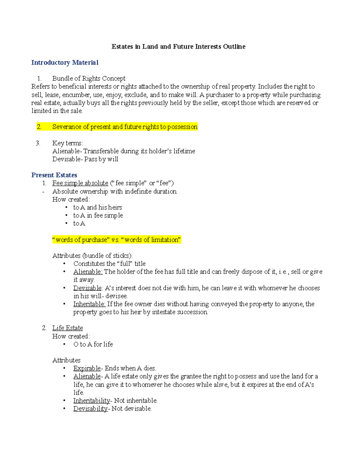 Outline to Estates in Land and Future Interests - Estates in Land and ...