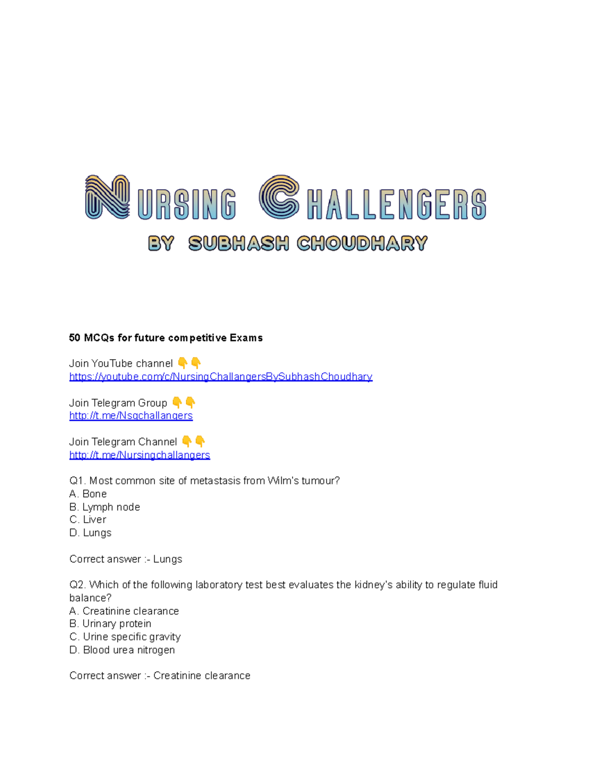 Nursing 50 MCQs for future competitive Exams - 50 MCQs for future ...
