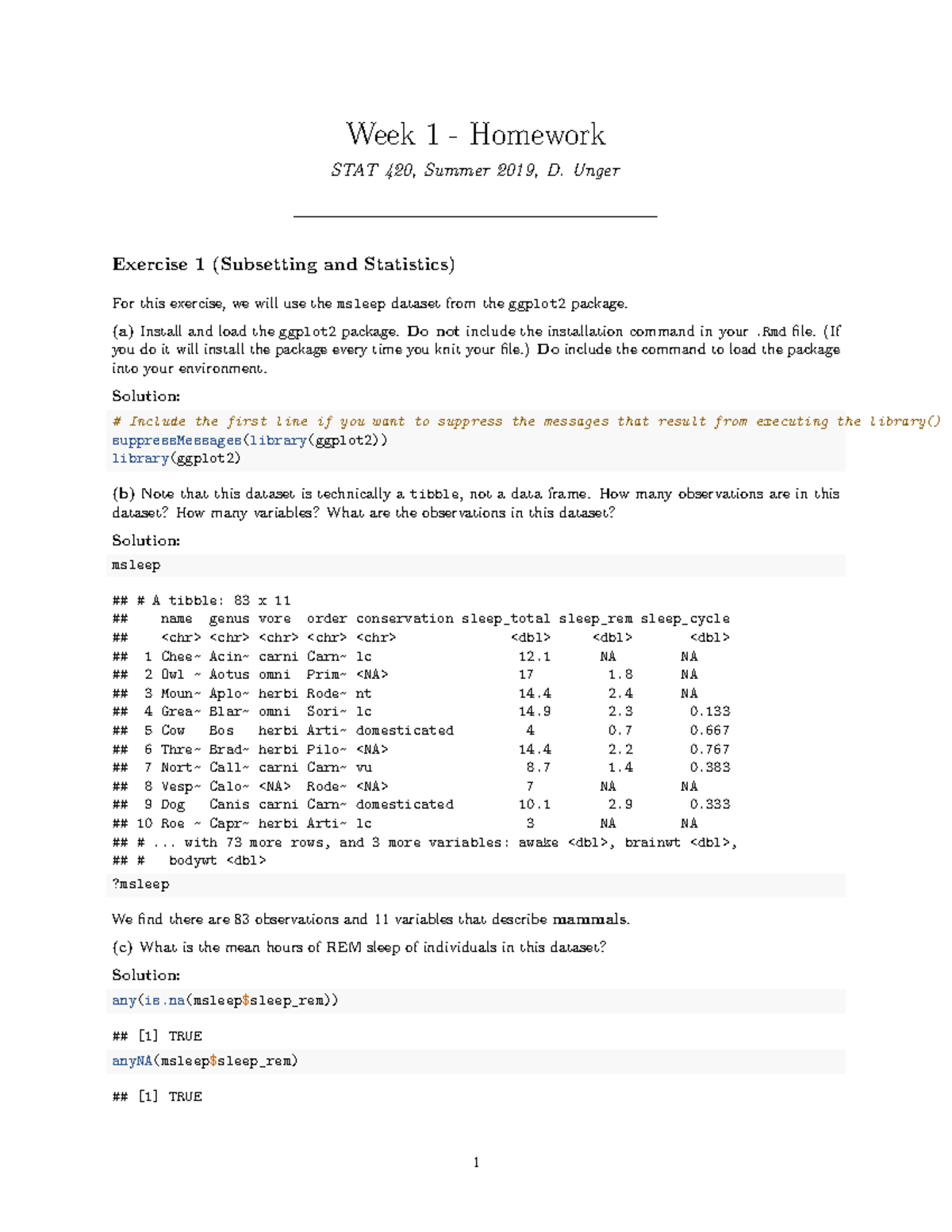 W01 hw soln su19 - Lecture notes 1 - Week 1 - Homework STAT 420, Summer ...