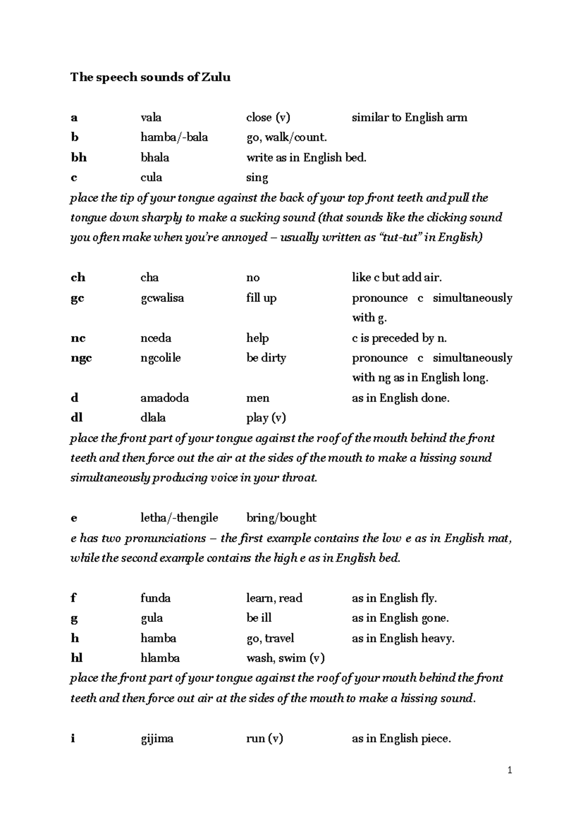 Isifundo 1-3 - Notes for exam prep - The speech sounds of Zulu a vala ...