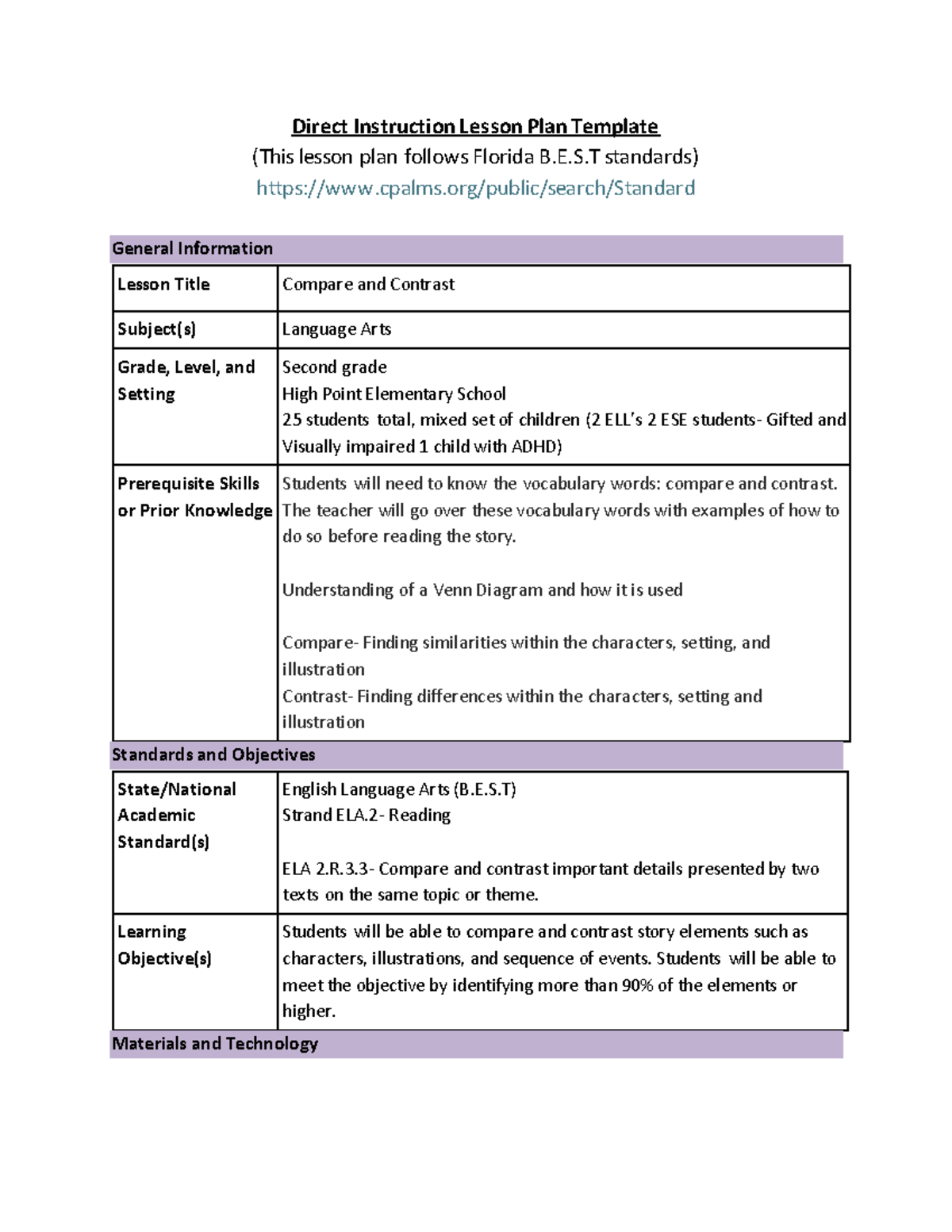 Direct Instruction Lesson Plan - E.S standards) cpalms/public/search ...
