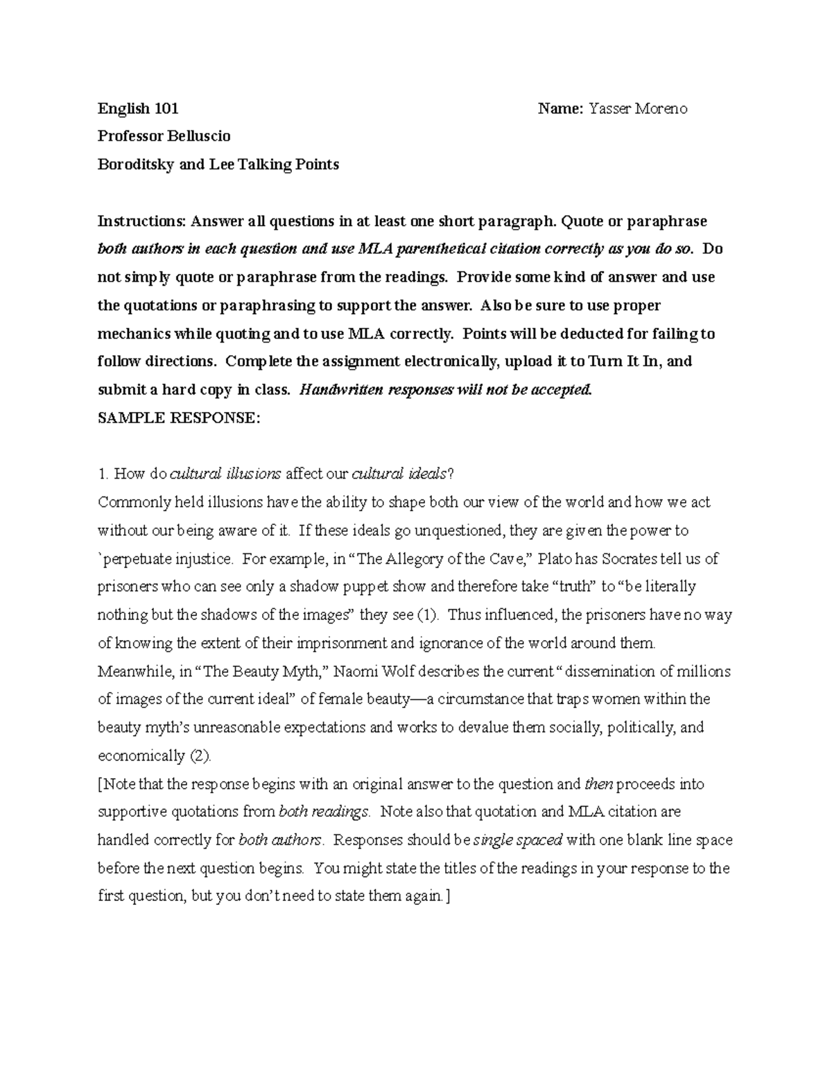 Talking Points Assignment - English 101 Name: Yasser Moreno Professor ...