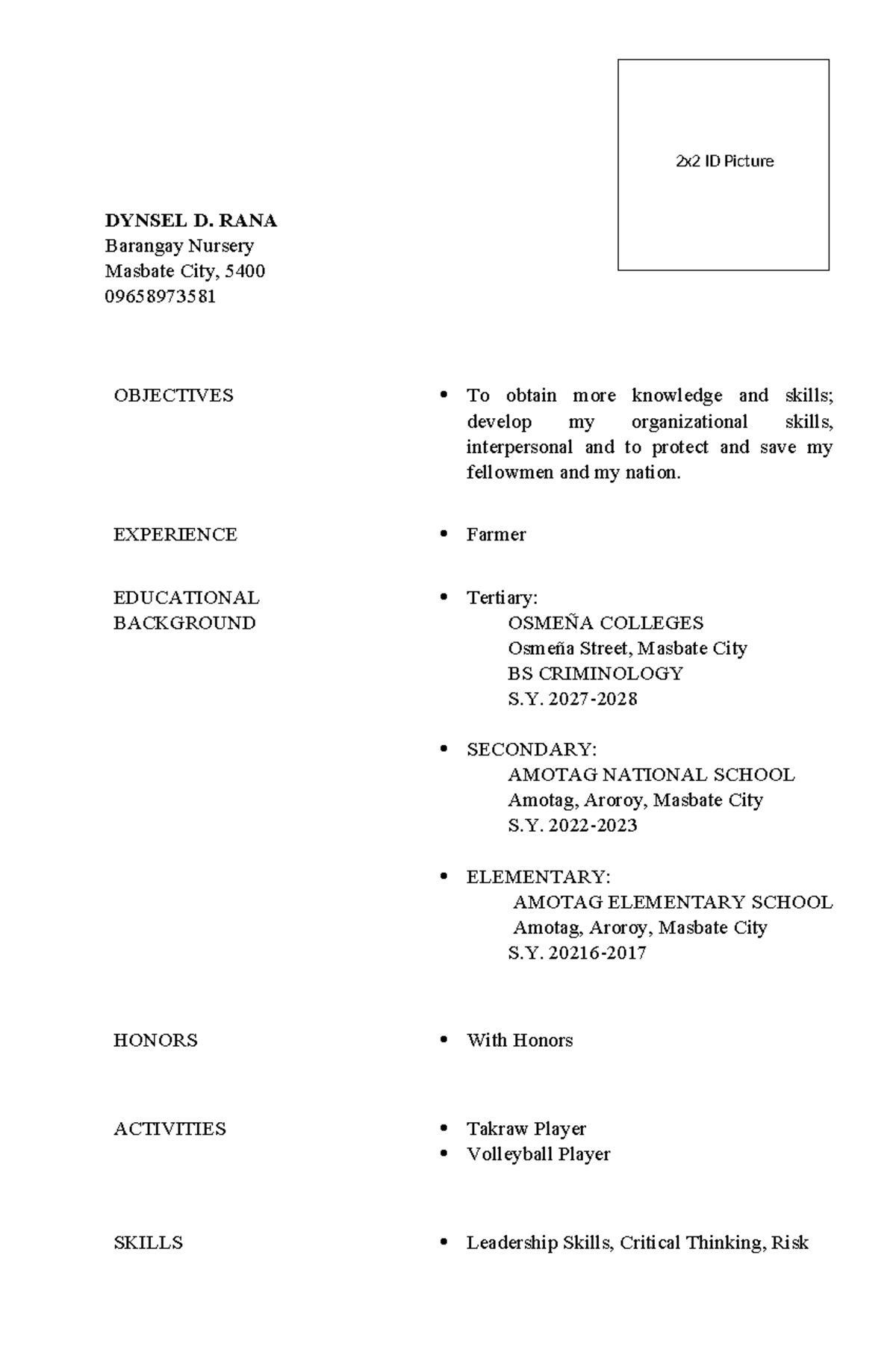 Dynsel Resume Assignement - DYNSEL D. RANA Barangay Nursery Masbate ...