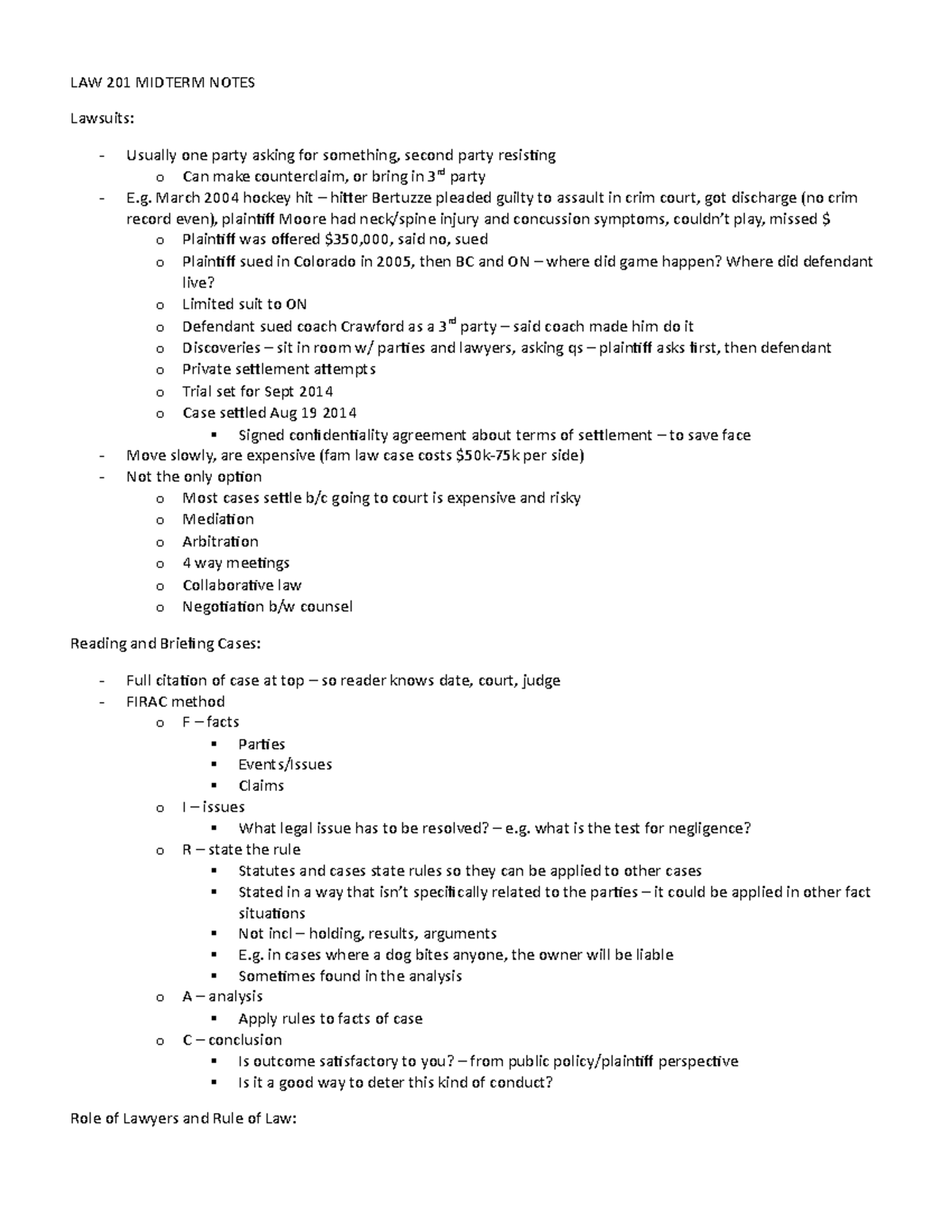 LAW 201 Midterm Notes - LAW 201 MIDTERM NOTES Lawsuits: Usually one ...