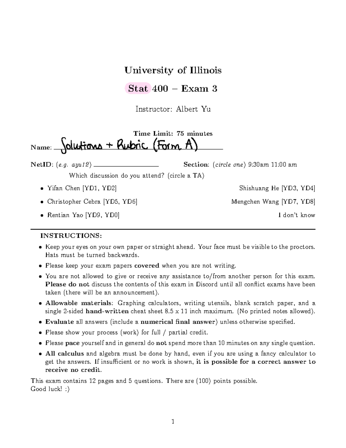 F22 Exam 3 400 A Sol V F - STAT 400 - University Of Illinois Stat 400 ...