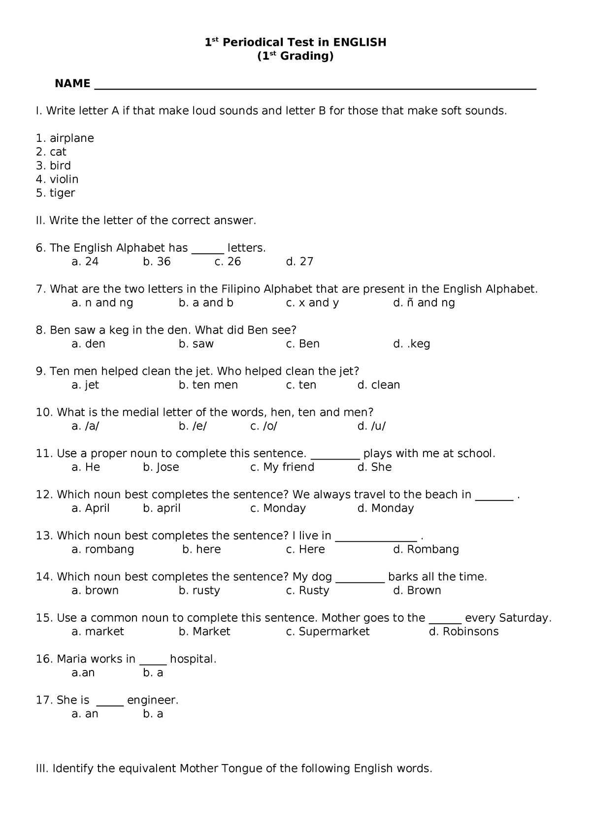 English - ASSESSMENT - 1 st Periodical Test in ENGLISH (1st Grading ...