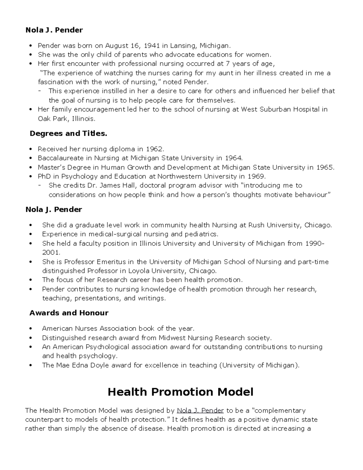 Health Promotion Model- Nola Pender - Nola J. Pender Pender Was Born On ...