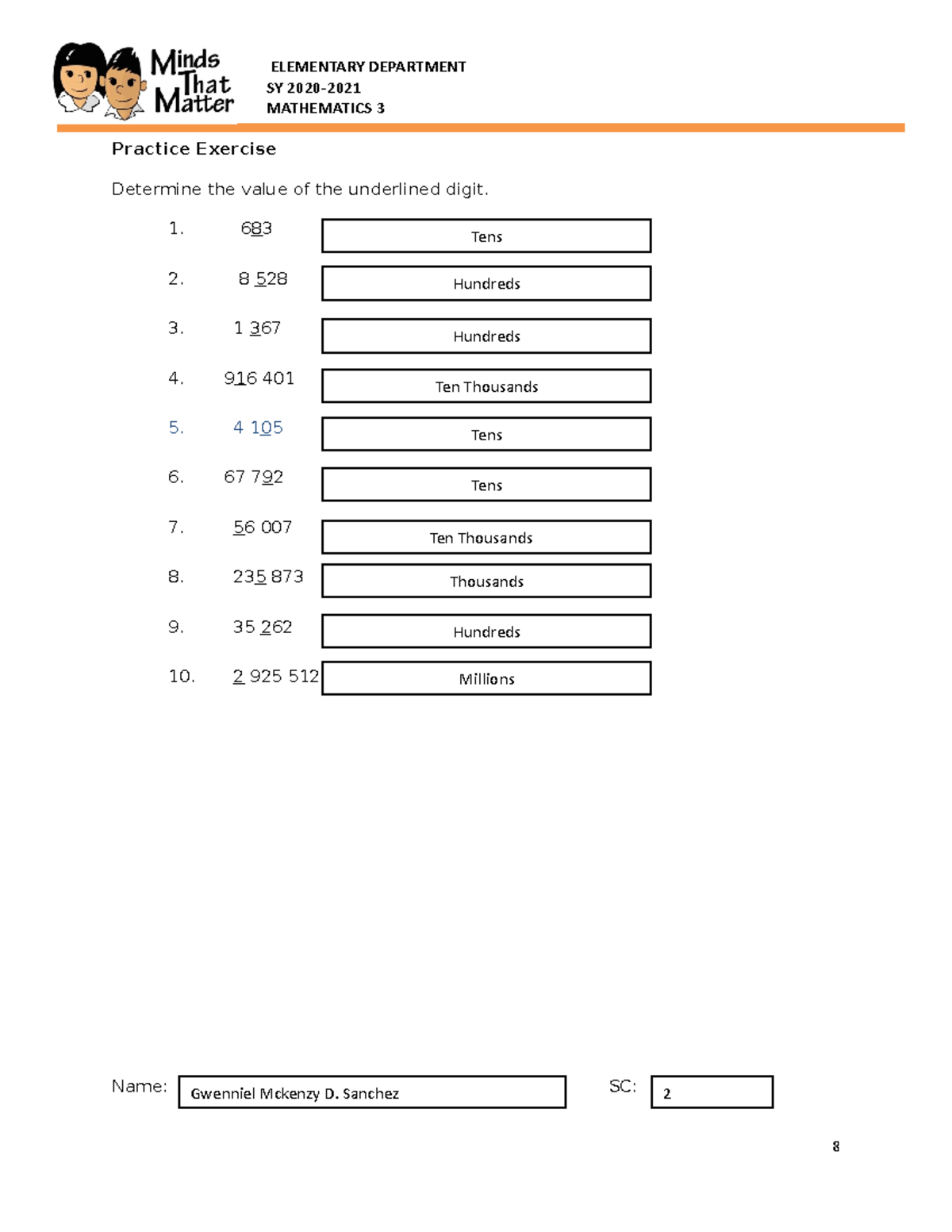 3.1 MATH 3 Value Practice Exercise AND Worksheet - Copy - English 2 ...