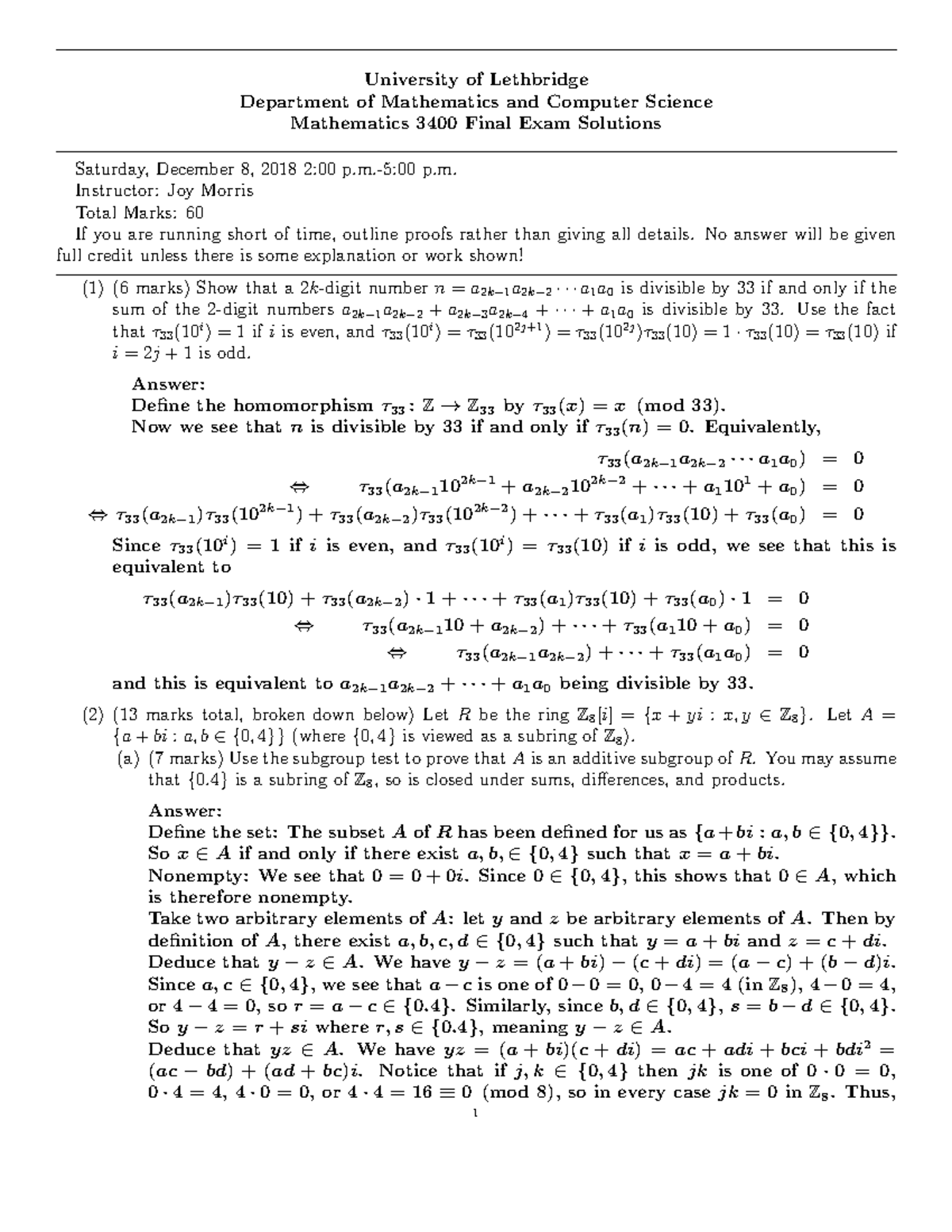 Solutions to the 2018 Final Exam University of Lethbridge Department