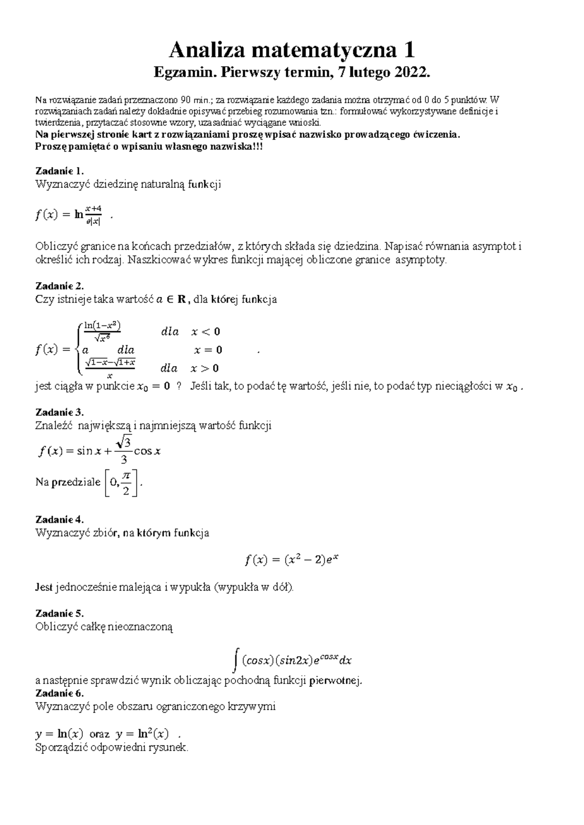 AM1 Zadania Pierwszy Termin - Analiza Matematyczna 1 Egzamin. Pierwszy ...