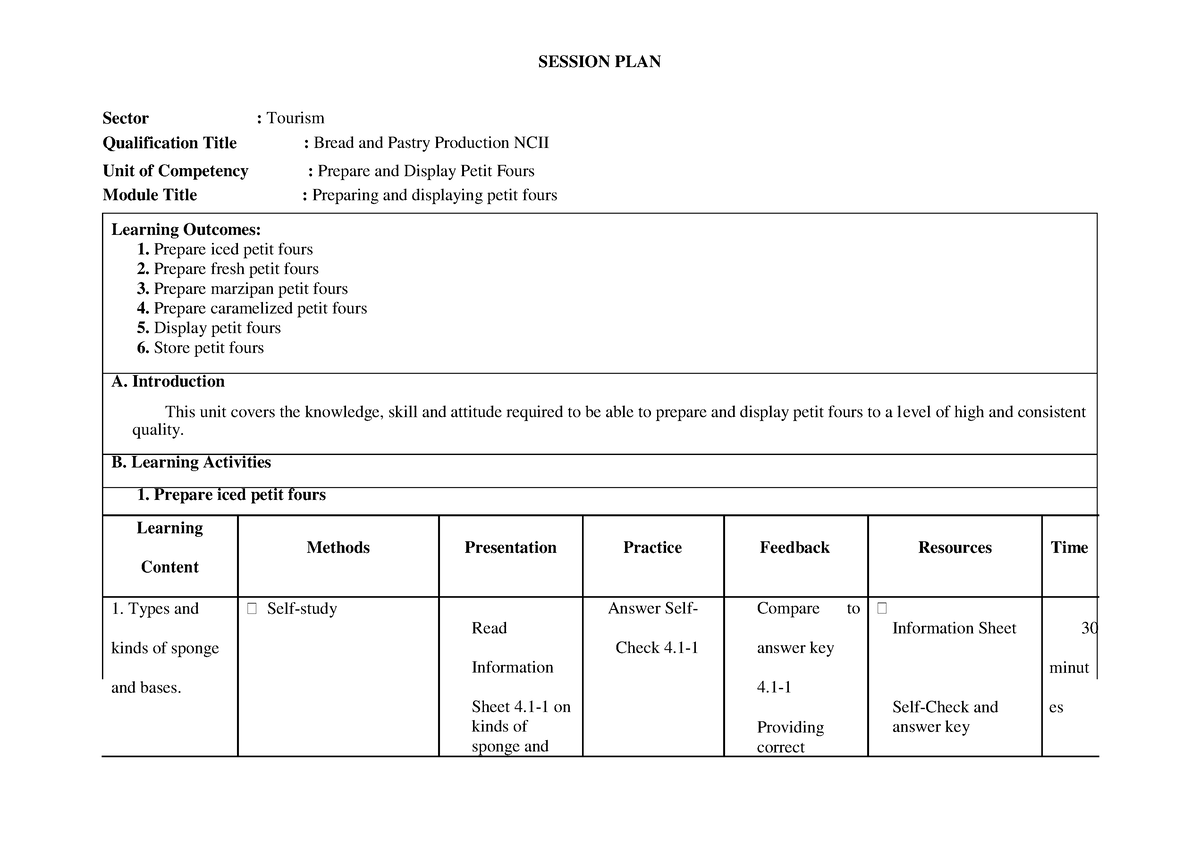 Session plan Prepare and Display Petit Fours - SESSION PLAN Sector ...