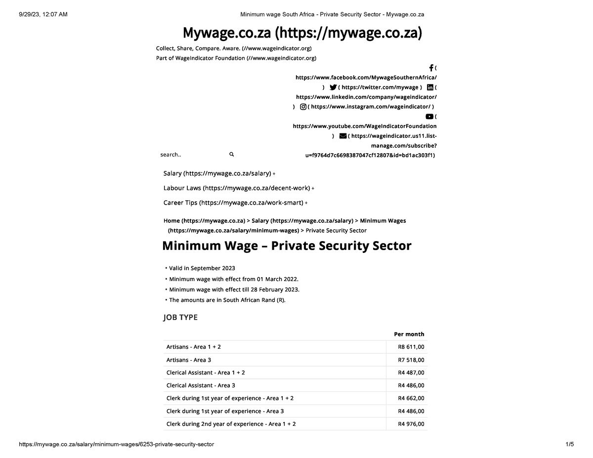 Minimum wage South Africa Private Security Sector Mywage Mywage