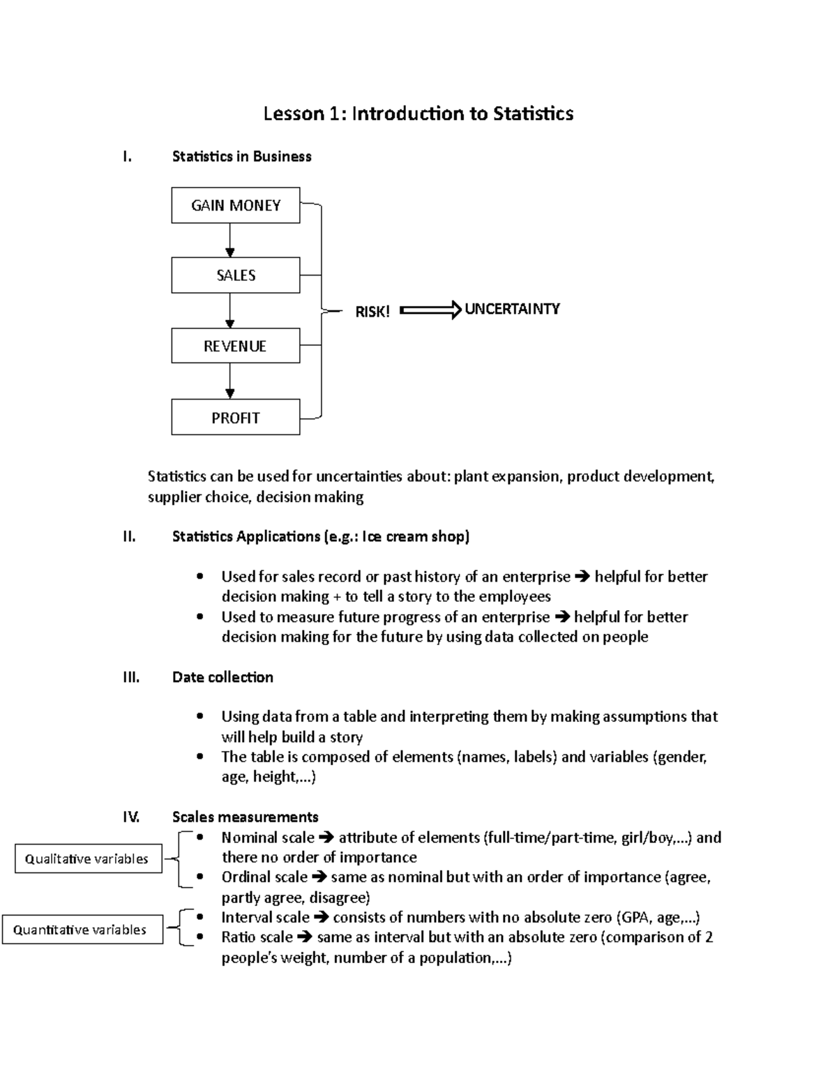 Lesson 1 - Notes - Lesson 1: Introduction To Statistics I. Statistics In Business Statistics Can ...