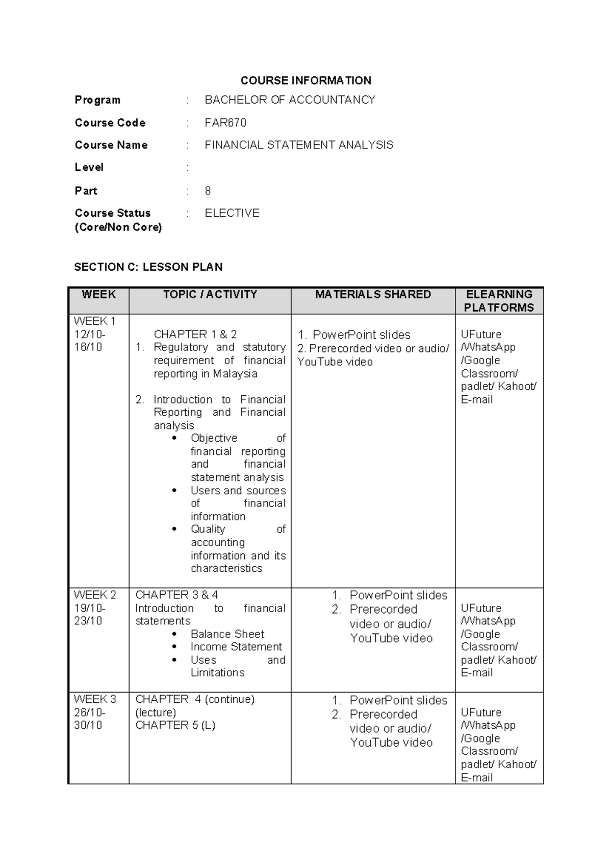 Lesson PLAN - COURSE INFORMATION Program : BACHELOR OF ACCOUNTANCY ...