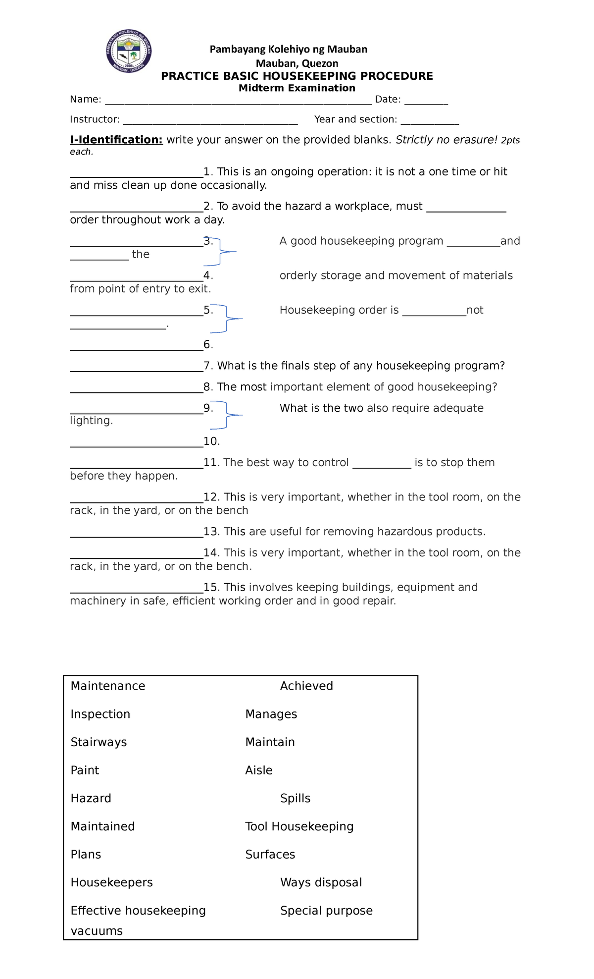 Agri housekeeping module Pambayang Kolehiyo ng Mauban Mauban