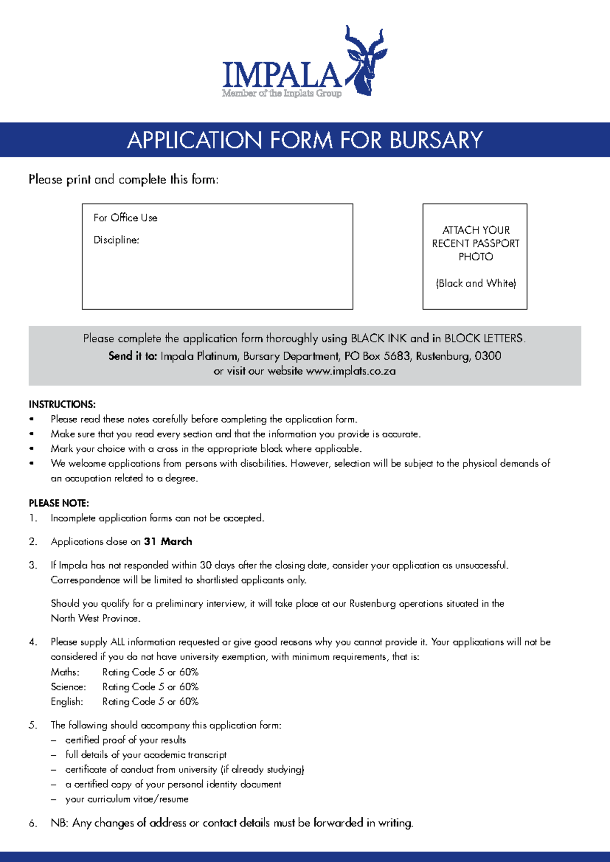 Impala Platinum Bursary Application Form - APPLICATION FORM FOR BURSARY 