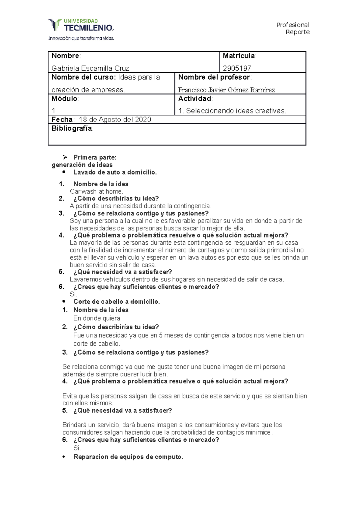 Actividad 1 ideas para la creasion de empresas. pro - Reporte Nombre ...