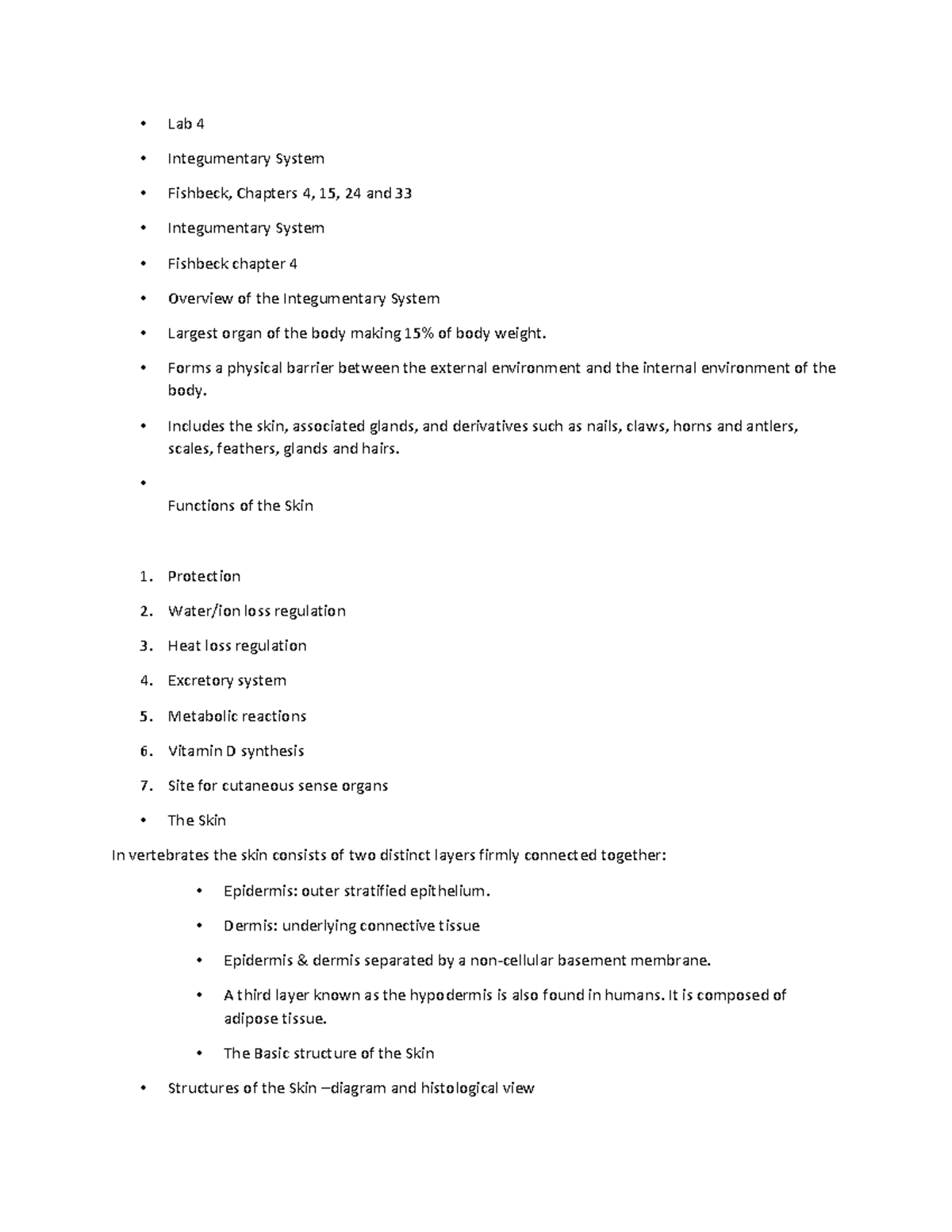 Lab 4 - Biodiversity - Lab 4 Integumentary System Fishbeck, Chapters 4 ...