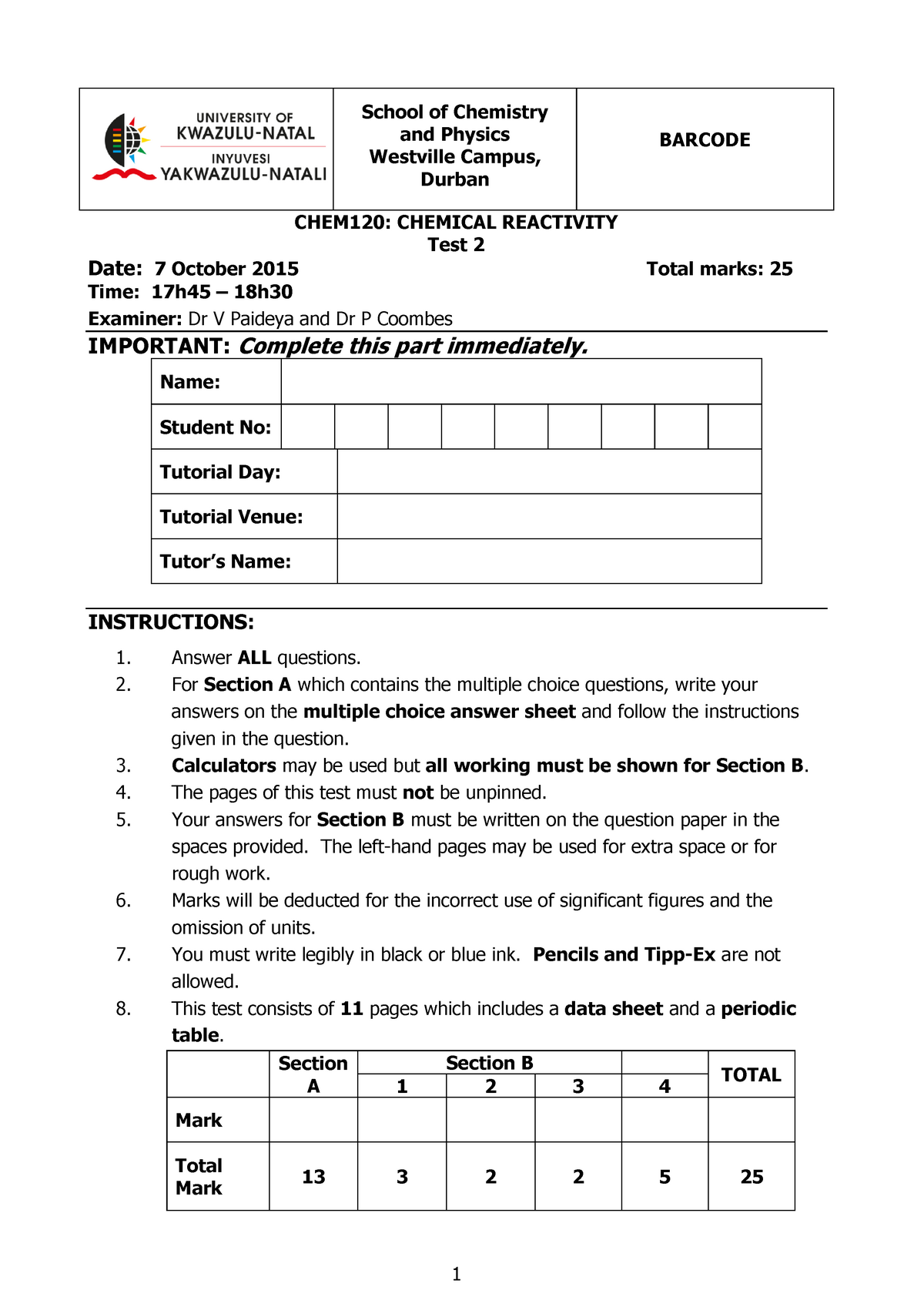 Chem 120 Test 2 2015 - Test - School of Chemistry and Physics Westville ...