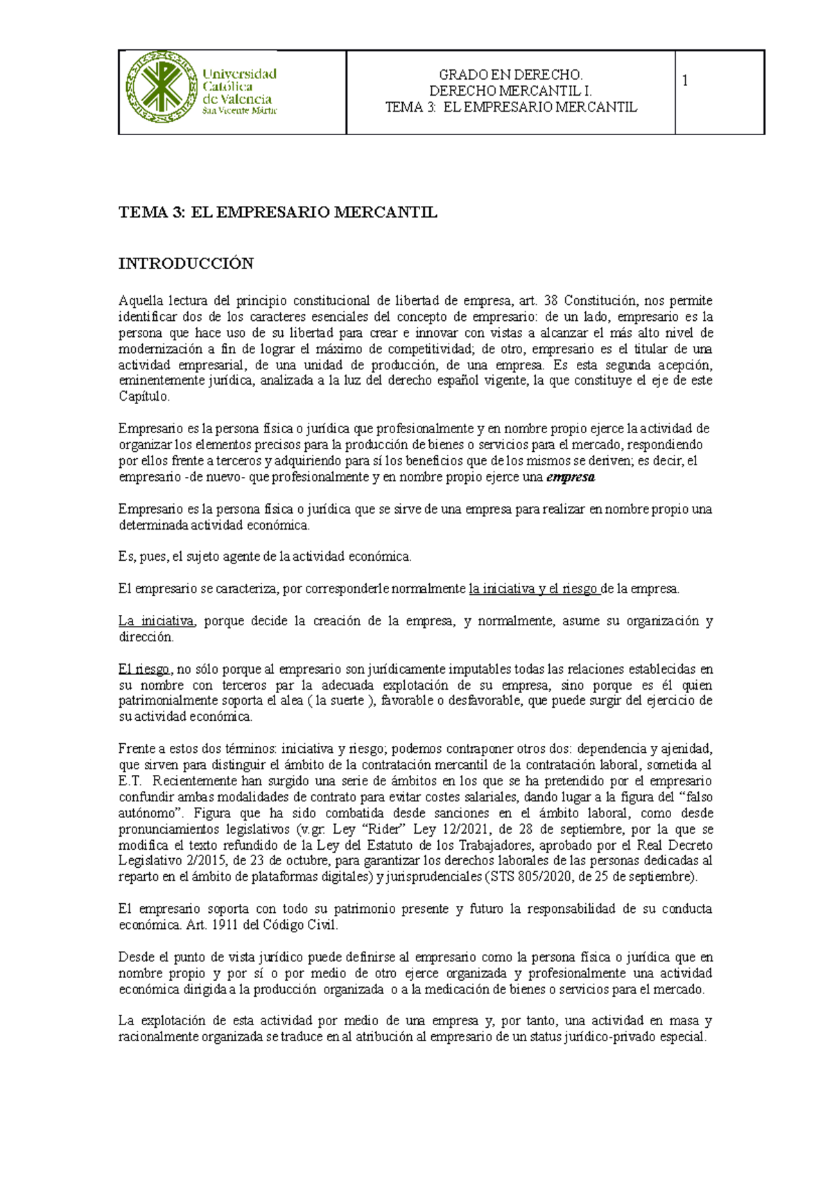 Tema 3 El empresario mercantil. Versión 2023 - DERECHO MERCANTIL I ...