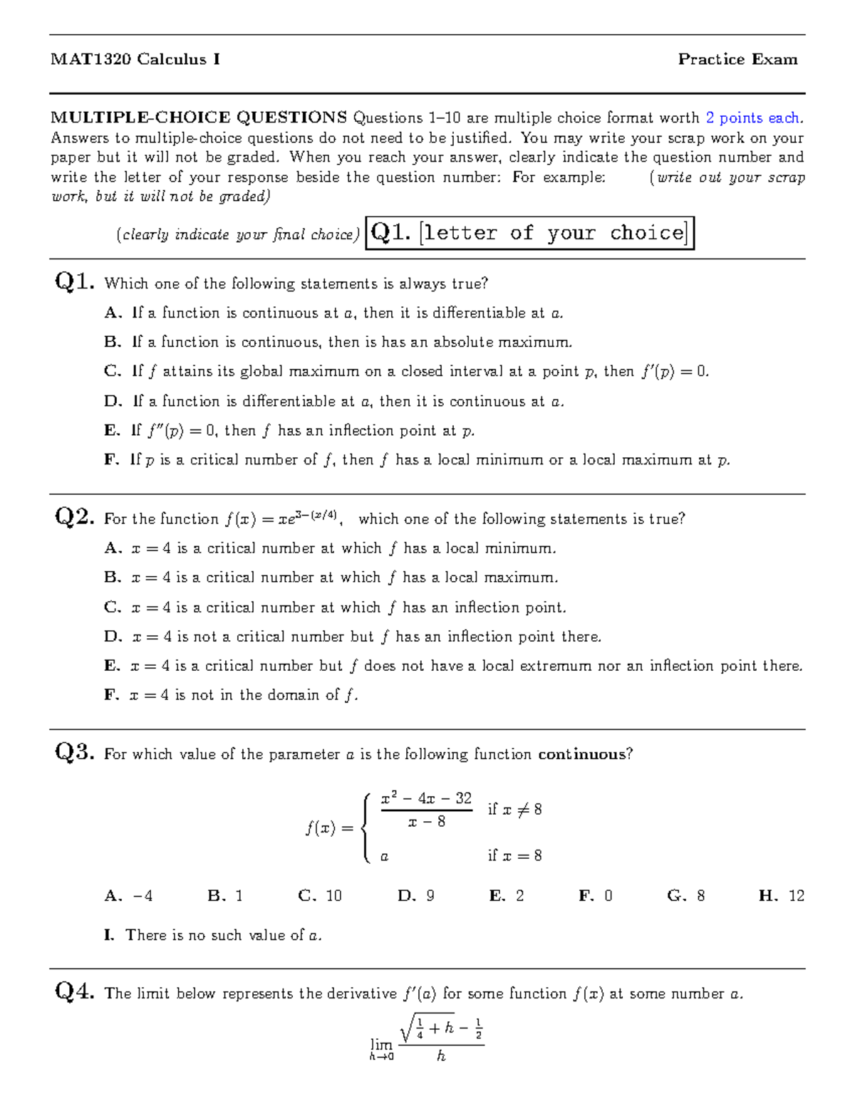 Mat1320-practice Exam - MAT1320 Calculus I Practice Exam MULTIPLE ...