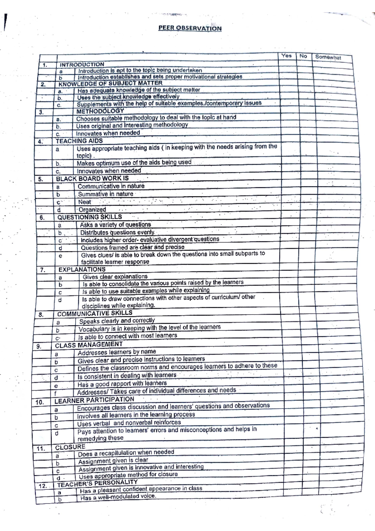 Peer obs format - Bachelors in education - Studocu